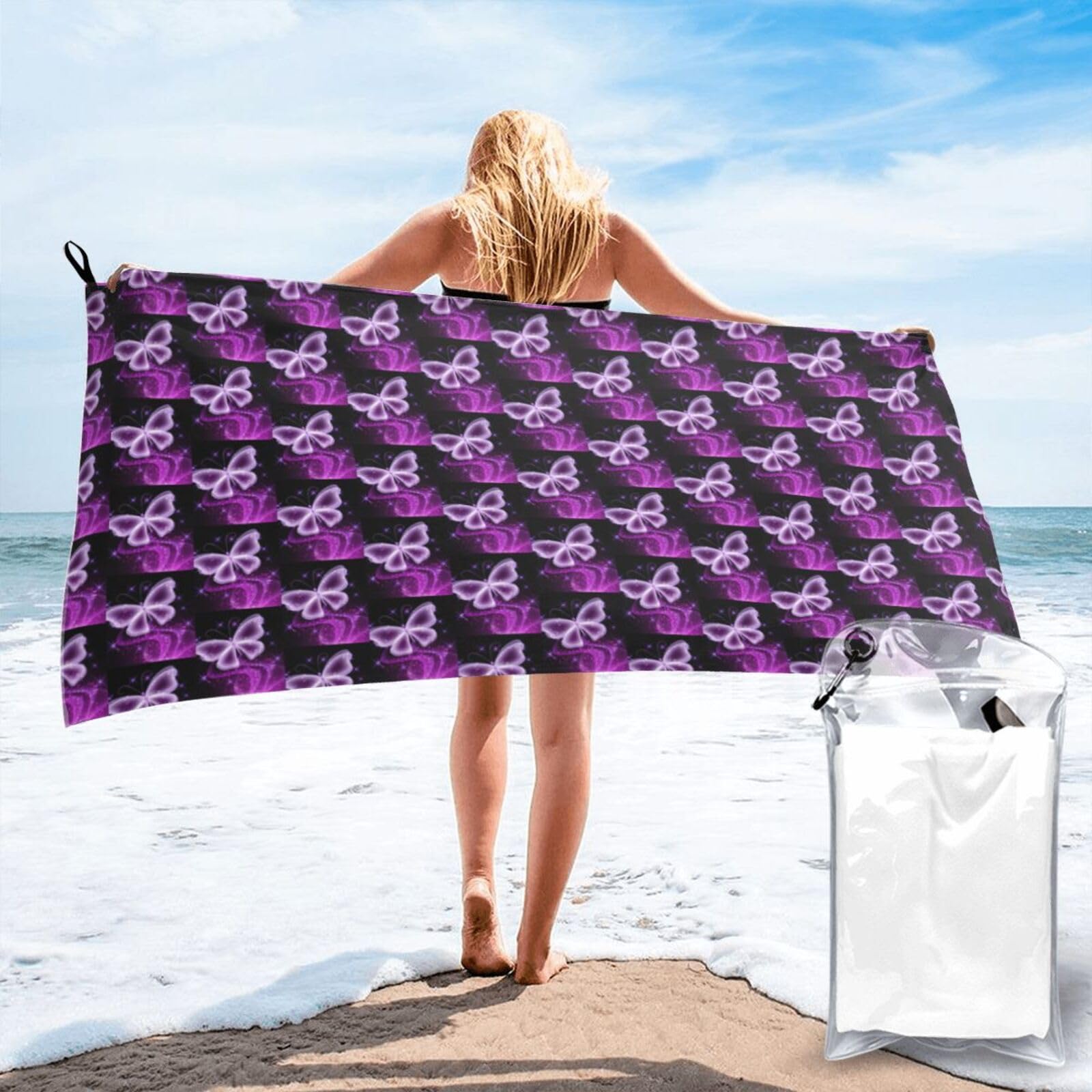 FHIZOAL Cute Purple Butterfly Quick Dry Towel Microfibre Towel Super Absorbent Ultra Compact Gym Sports Beach Camping Travel