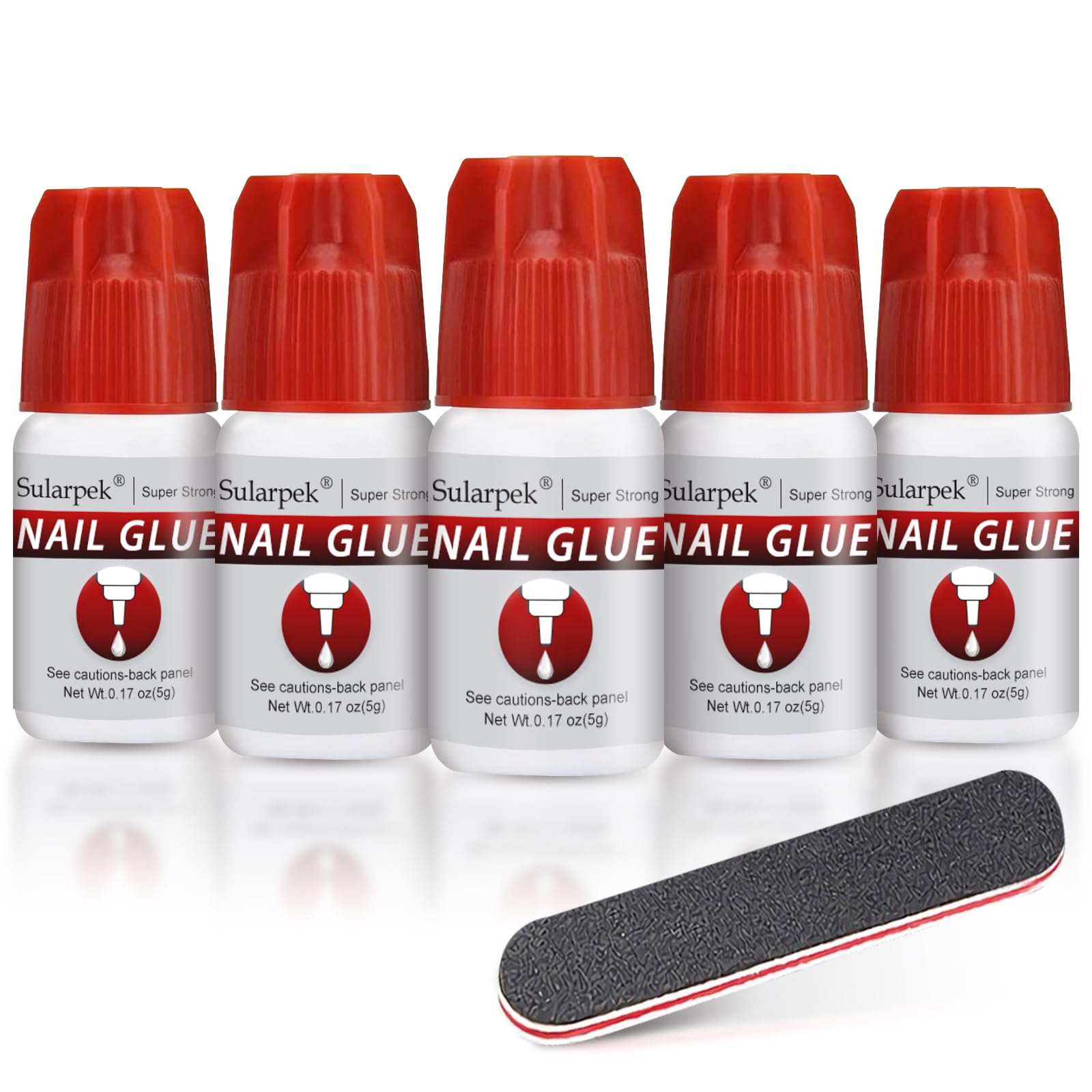 Sularpek 5pcs*5g Extra-Strong Nail Glue for Acrylic Nails, Quick Dry Nail Tip Adhesive Bond Glue With Nail File, for Nail Tips Rhinestones Nail Art Decoration Nail Glue