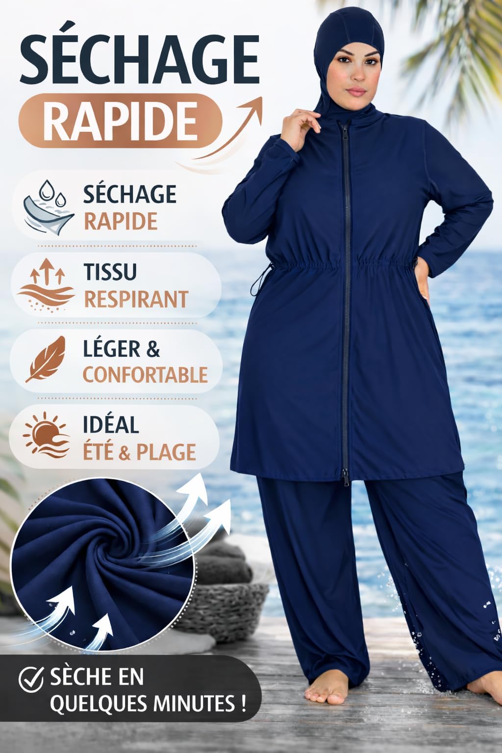Burkini - Costume da bagno lungo con Hijab da bagno, taglia modesta, 4 pezzi, con cerniera