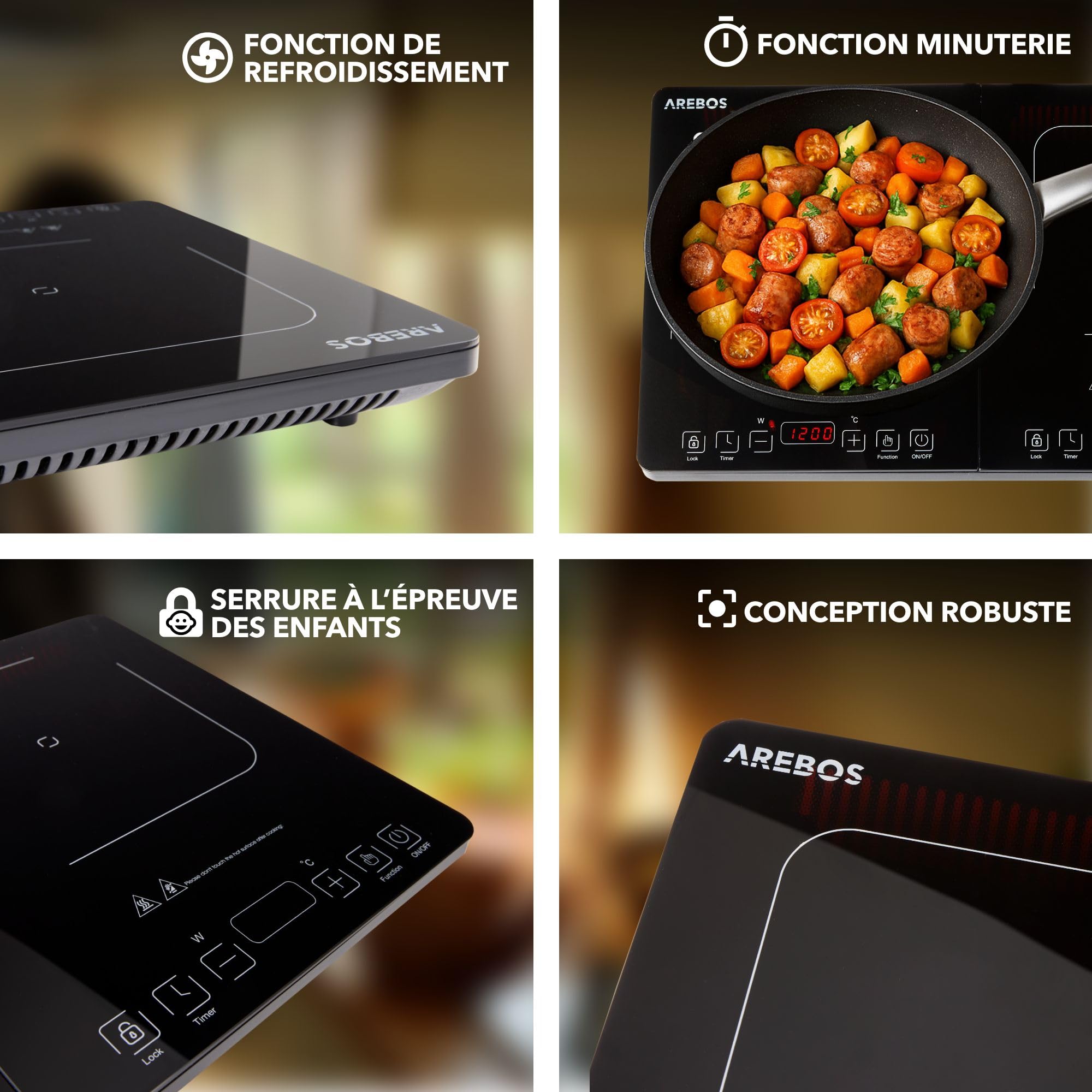 Arebos Double plaque à induction 3500W | 2 zones de cuisson avec écran tactile & minuterie | Plaque à induction portable pour le camping, le plein air & la cuisine | Protection contre la surchauffe