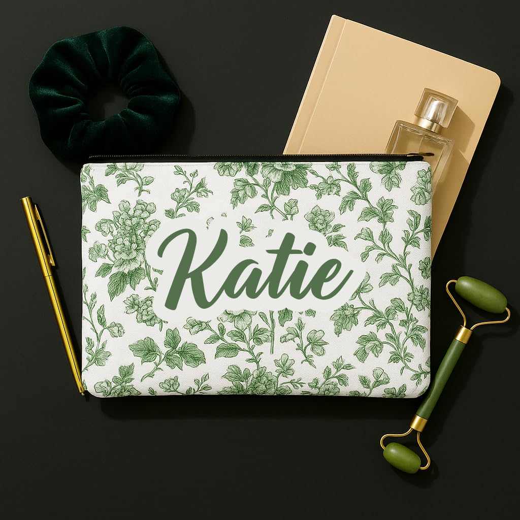 Personalized Makeup Bag with Name – Custom Chinoiserie Floral Pouch in 6 Colors – Flat or Gusset – Pencil Case, Travel Toiletry, Bridesmaid Proposal, Survival or Bachelorette Bag – Green, Gusset