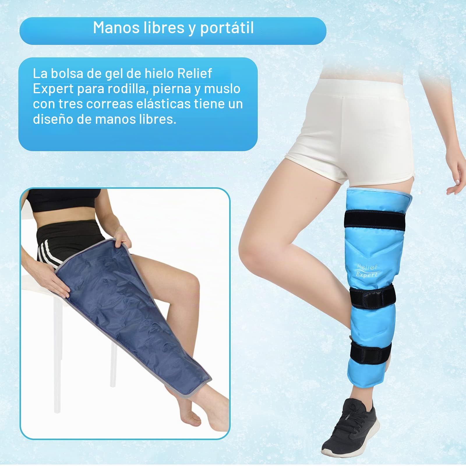 Relief Expert Bolsa de hielo grande para piernas, bolsa fría de gel reutilizable para piernas, rodillas, muslos y caderas con 3 correas ajustables, envoltura de compresión fría para recuperación