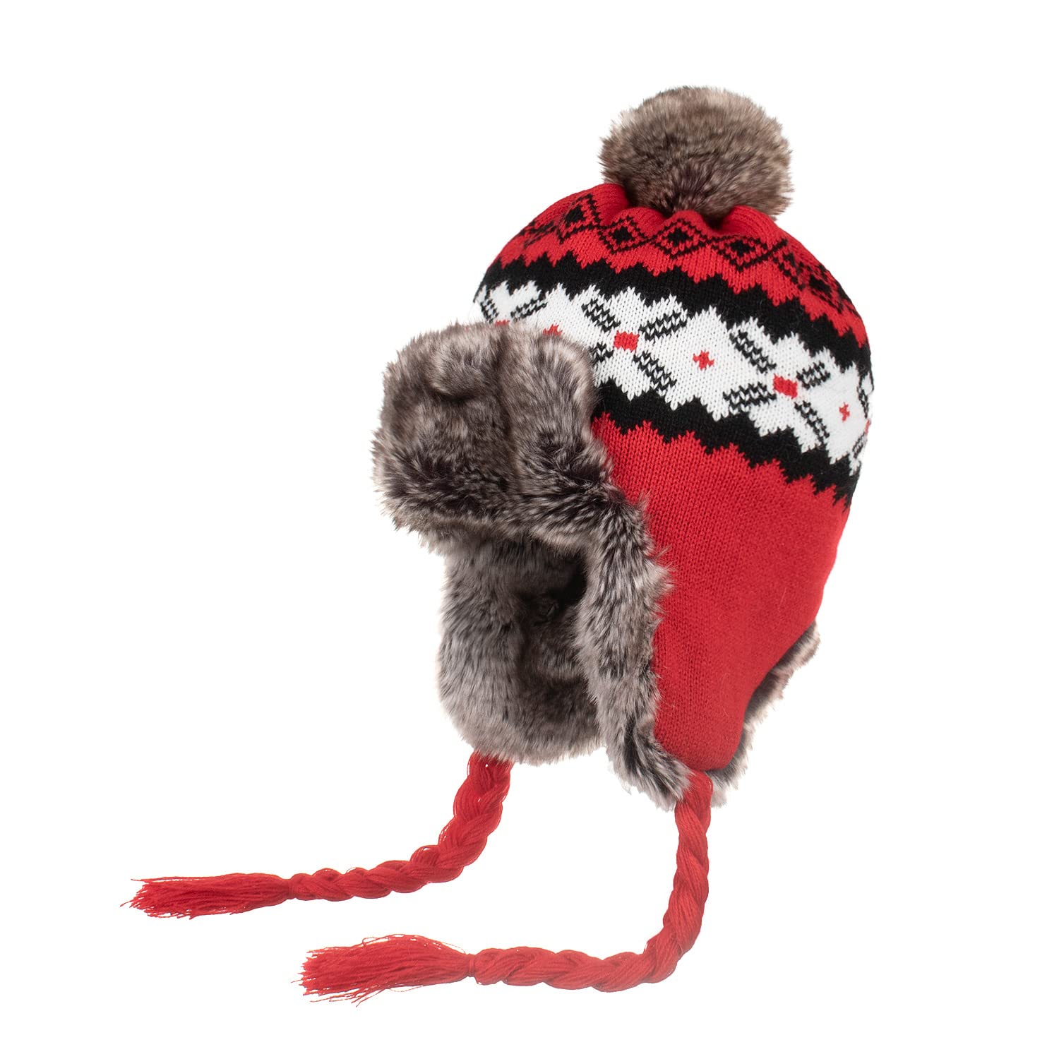AOOPOO Women Earflap Trapper Hat Faux Fur Trapper Hat Fleece Lined Knitted Ushanka Cap Peruvian Beanie Hat Red