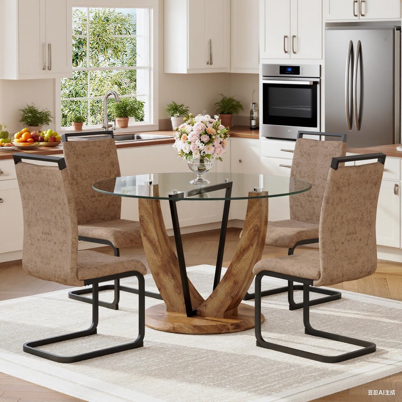 LFVFFA 48" Round Glass Dining Table - Tempered Glass Top With Wood Pedestal Base, Table Only, For 4-6 People