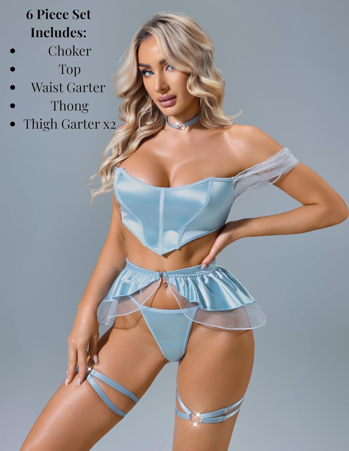 Blue Satin Lingerie Set for Women – Off Shoulder Corset Top with Skirt & Detachable Garter, Elegant Princess