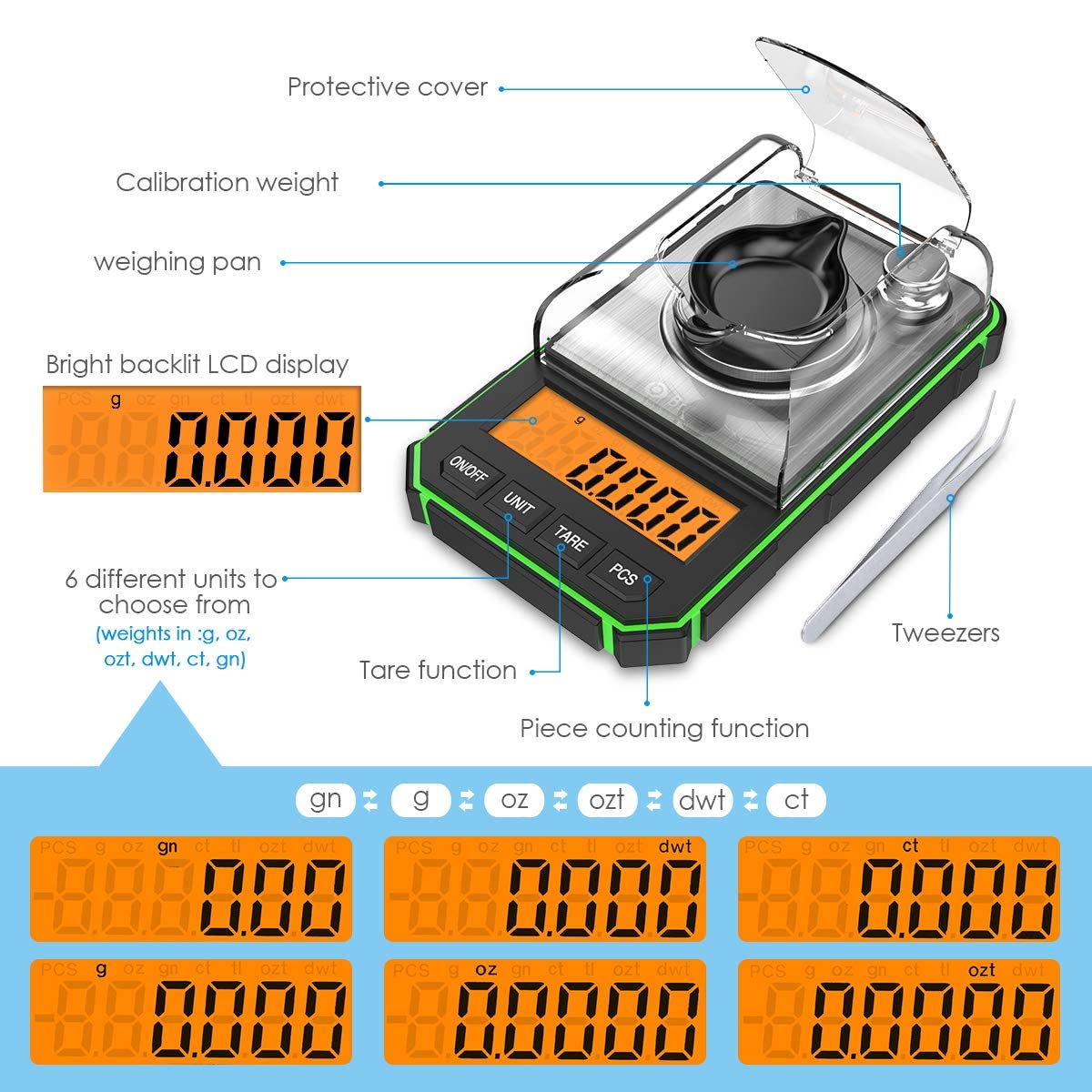 Brifit Bilancia micrometrica 0,001 g, 50 g / 0,001 g Bilancia Digitale con Display LCD, Scala delle Monete, Bilancia dei Gioielli con Peso di calibrazione di 50 g, pinzette e Ciotola di pesata -Verde
