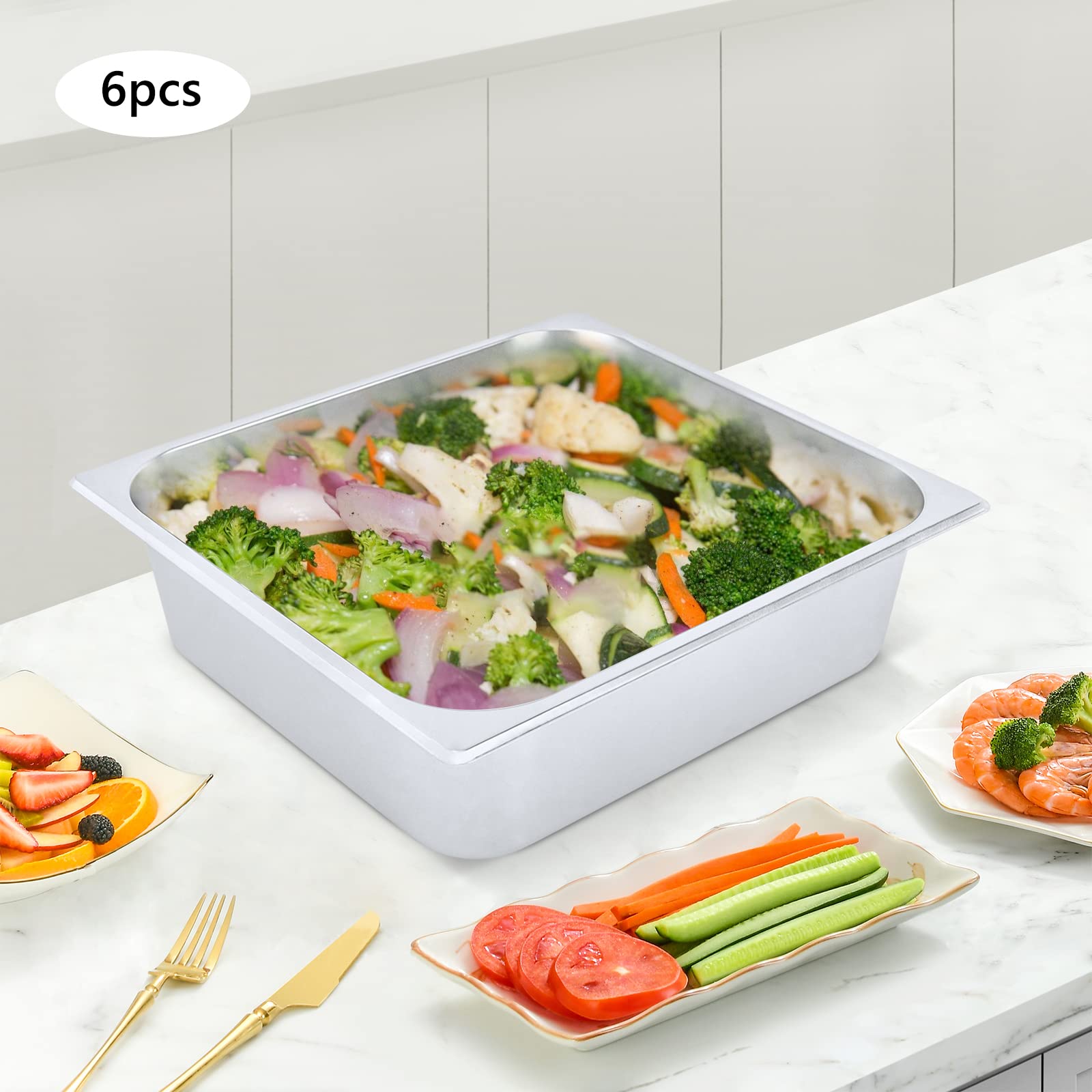 6 Pack Stainless Steel Food Pan, Restaurant Pans, Commercial Hotel Cookware, for Hotel/Home Food Buffet Supplies, 13.6 * 12.8 * 4inch
