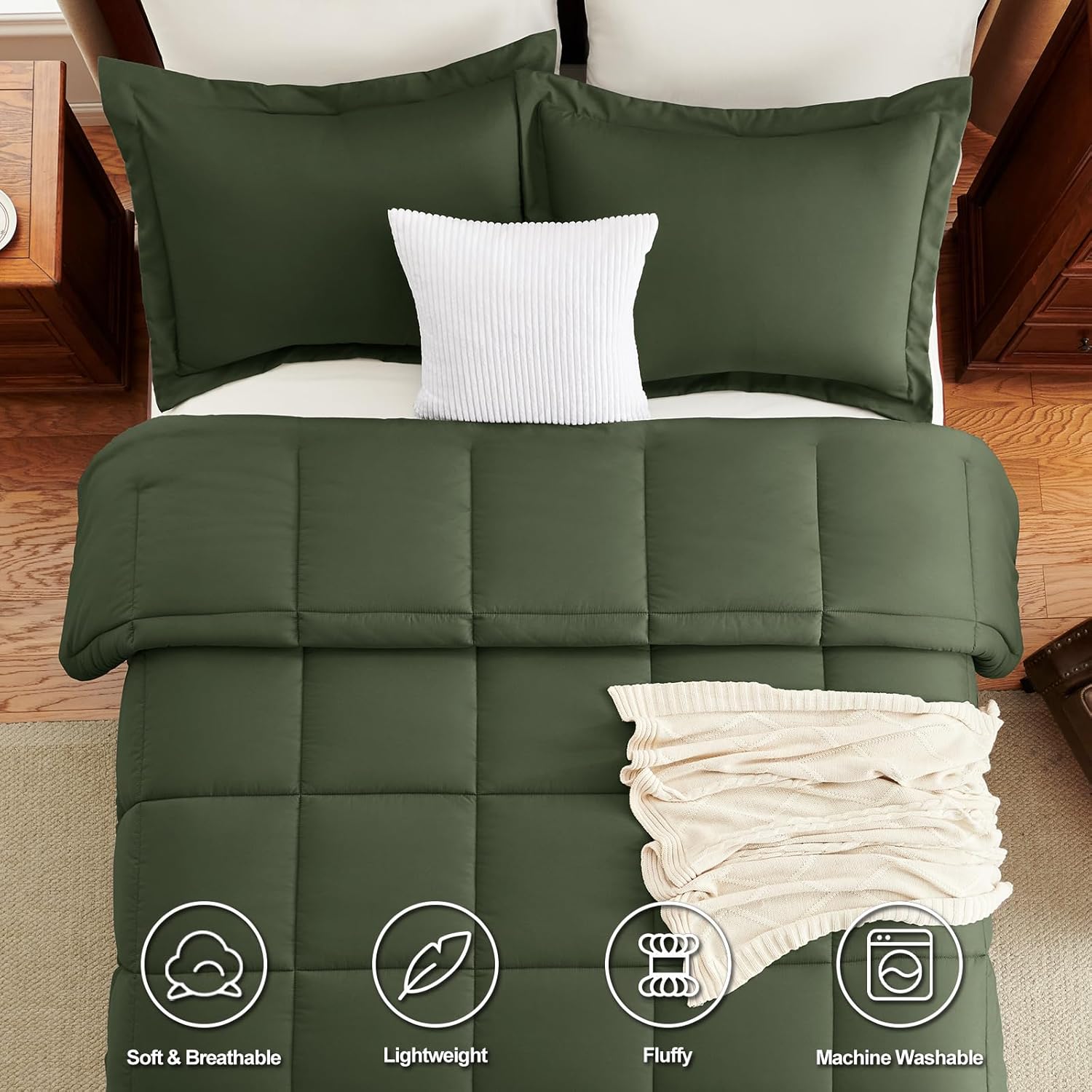 CozyLux Full Size Comforter Sets - Olive Green Comforter Full Size, 3 Pieces Box Stitched Bed Set for All Seasons, Soft Lightweight Bedding Sets with 1 Down Alternative Comforter and 2 Pillow Shams - Image 4