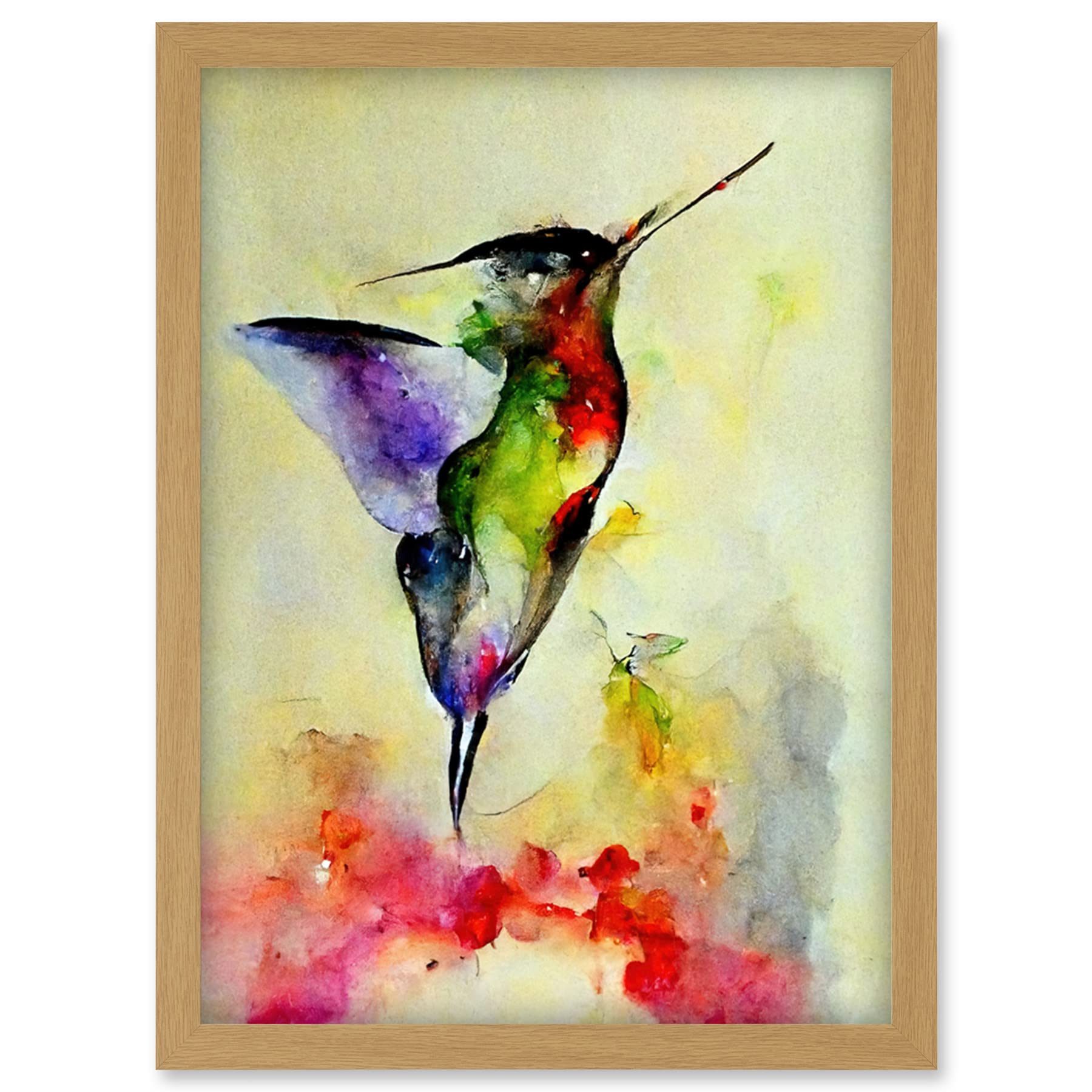 Doppelganger33 LTD Elegant Hummingbird Abstract Watercolour Artwork Framed Wall Art Print A4