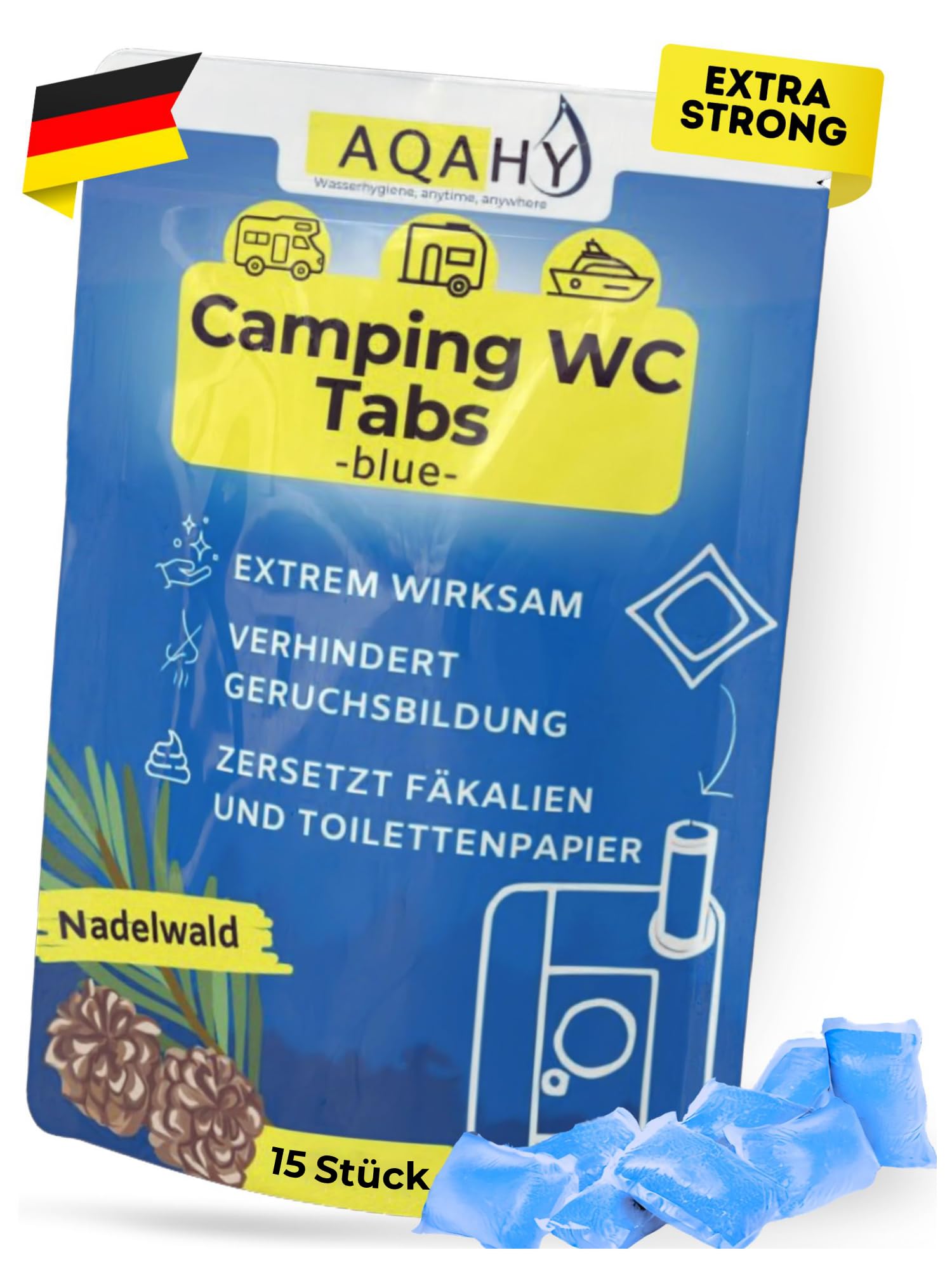 AQAHY Camping Toiletten Zusatz - Tabs blue extra stark – Nadelwald WC Drops - Chemietoilette Tabs entfernt unangenehme Gerüche - made in DE