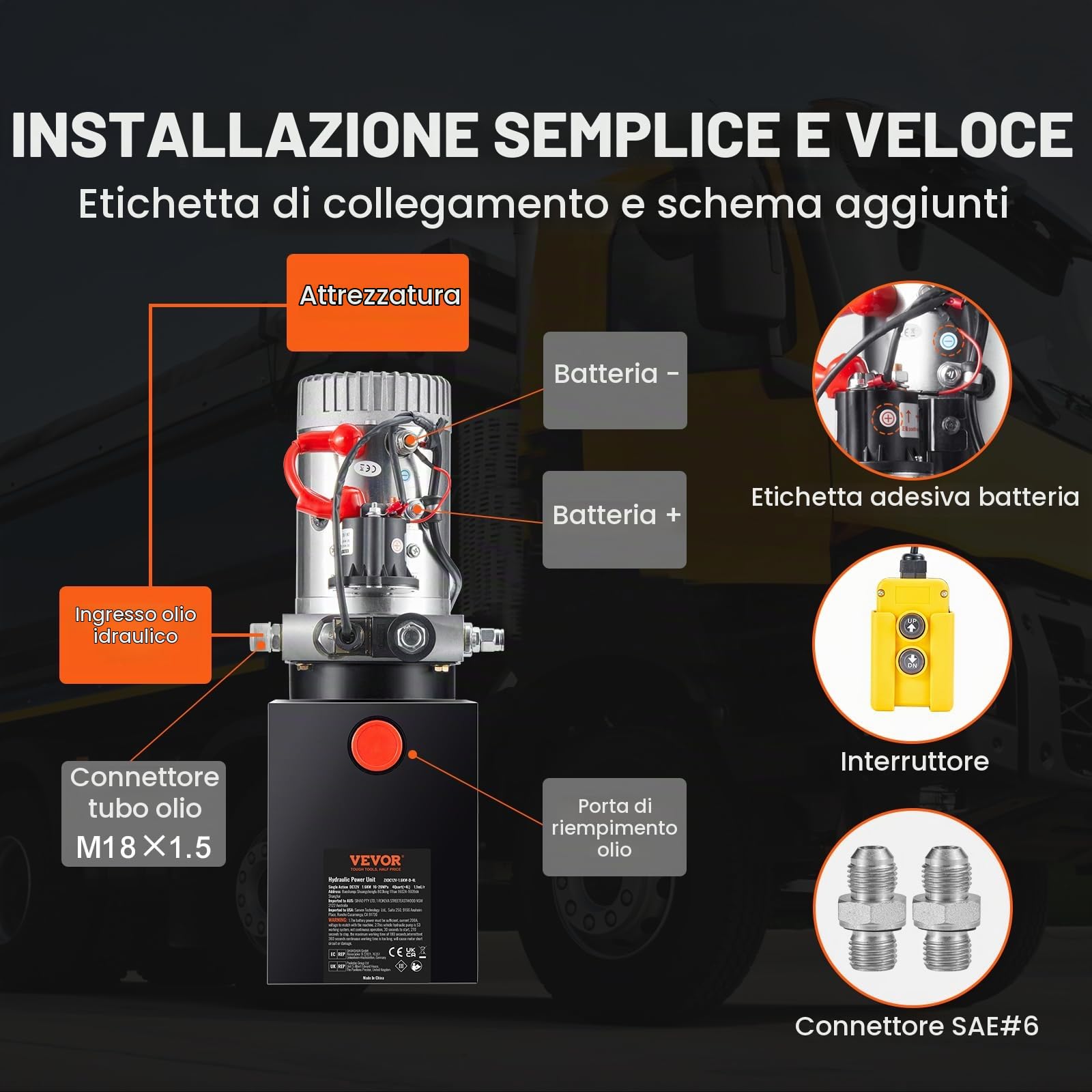 VEVOR Pompa Idraulica CC 12V Capienza ca. 4 L Centralina Idraulica ad Azione Singola Flusso d'Olio ca. 3,44 L/min Pressione Massima di 22 MPa, Pompa per Montacarichi Auto Camion Rimorchio da Garage