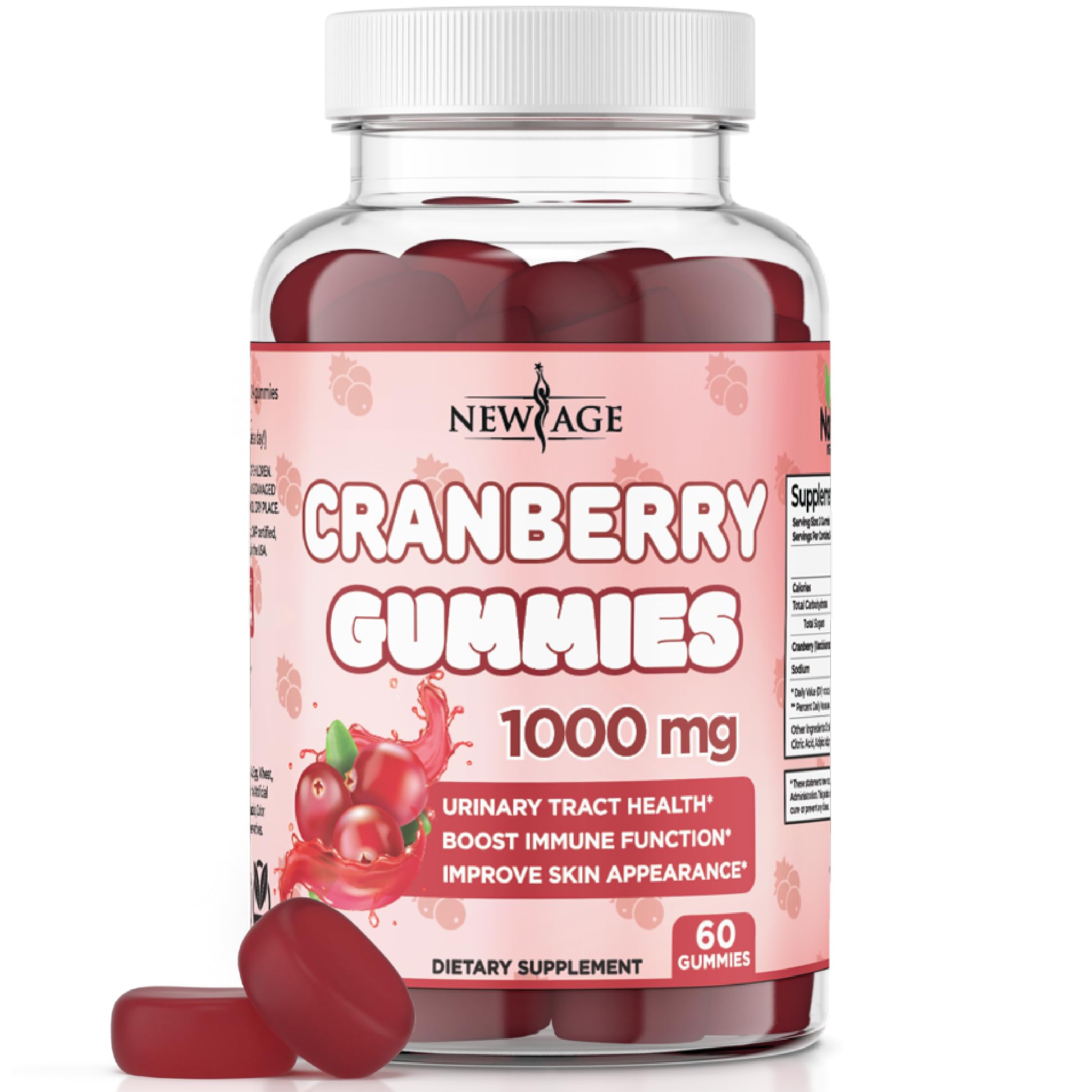 NEW AGE Cranberry Gummies Urinary Tract Health Gummies 1000mg - Supports Bladder, Kidney, UTI - Vegetarian (Cranberry 60 Gummies)