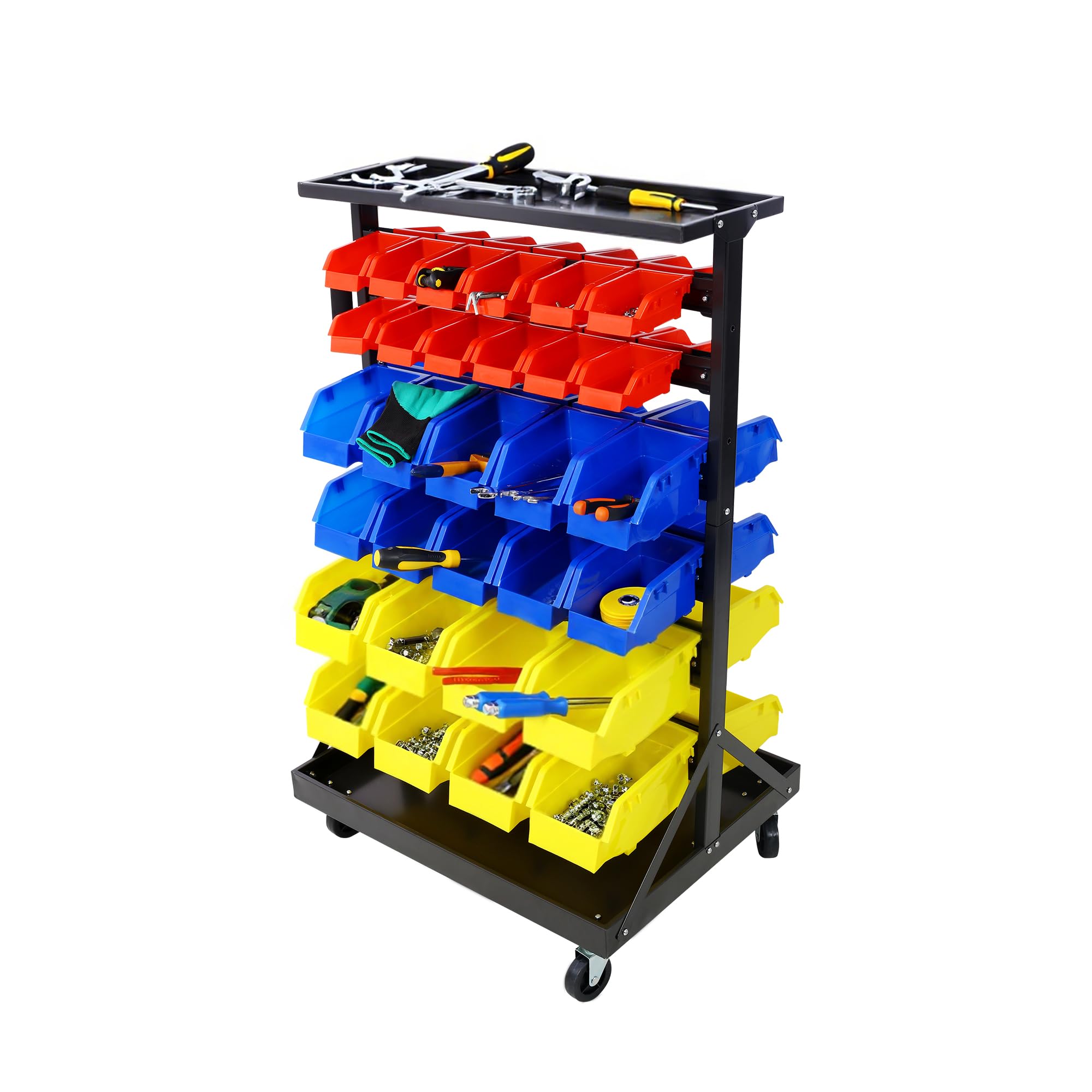 Veemuaro 6-Tier Rolling Bin Stroage Rack with 60 Bins, Dual-Sided Parts Organizer with Wheels and Top Tray, Heavy Duty Tool Storage Rack for Workshop,
