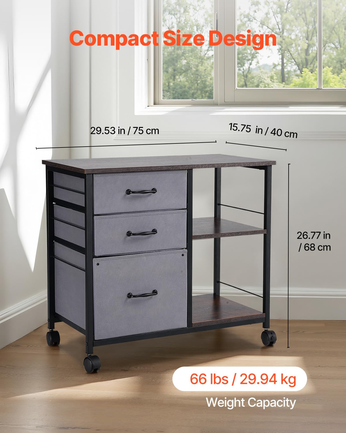 VEVOR Armoire de Bureau avec 3 Tiroirs en Tissu et 2 Étagères Ouvertes, Meuble Classeur Métallique Mobile, Caisson de Bureau pour Rangement Classement des Documents et Dossiers, Maison, Marron