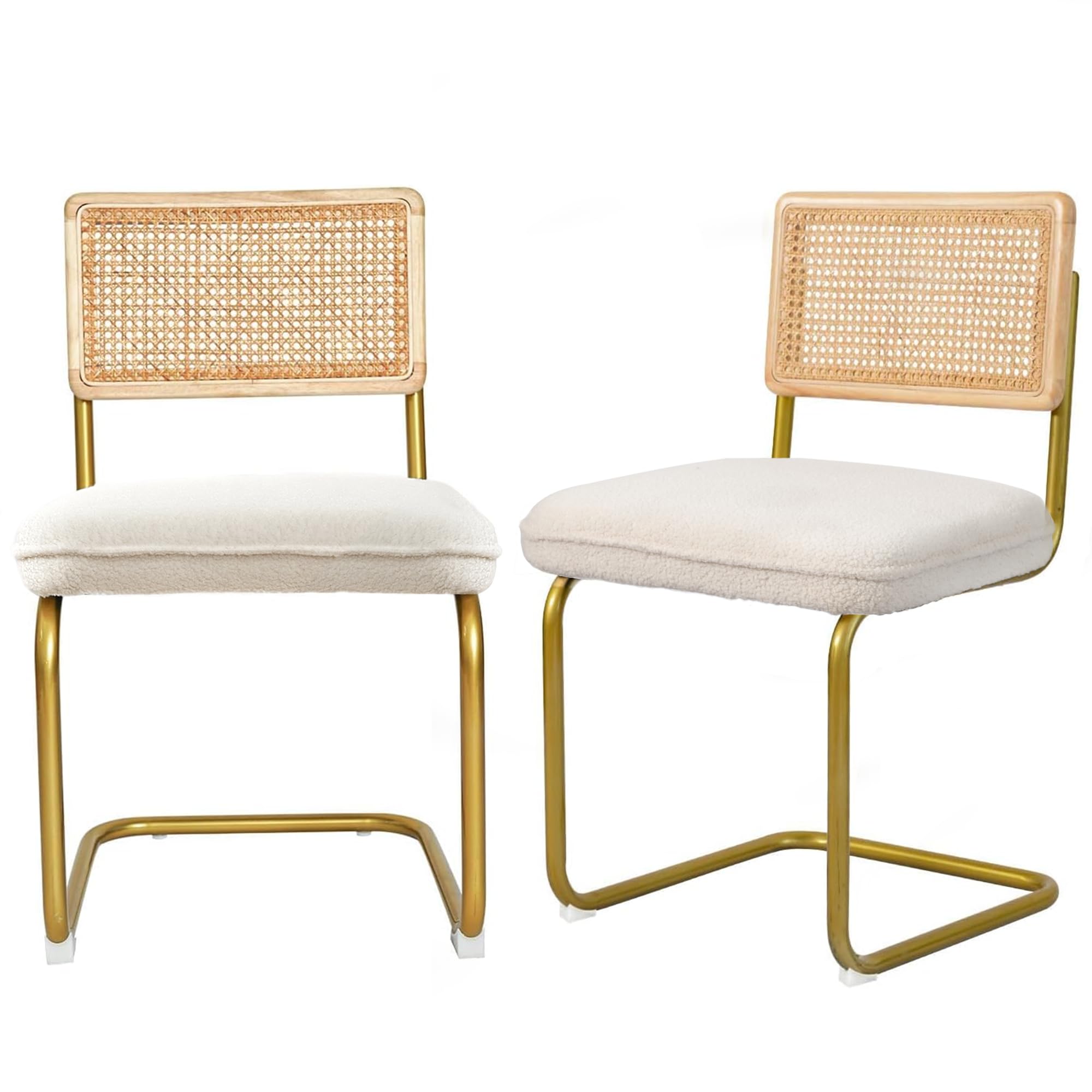 CangLong Rattan Dining Chairs Set of 2, Modern Kitchen Chairs with Natural Mesh Rattan Backrest & Solid Thick Metal Legs, Upholstered Fleece Armless Side Chairs for Living Room, Study, Cream