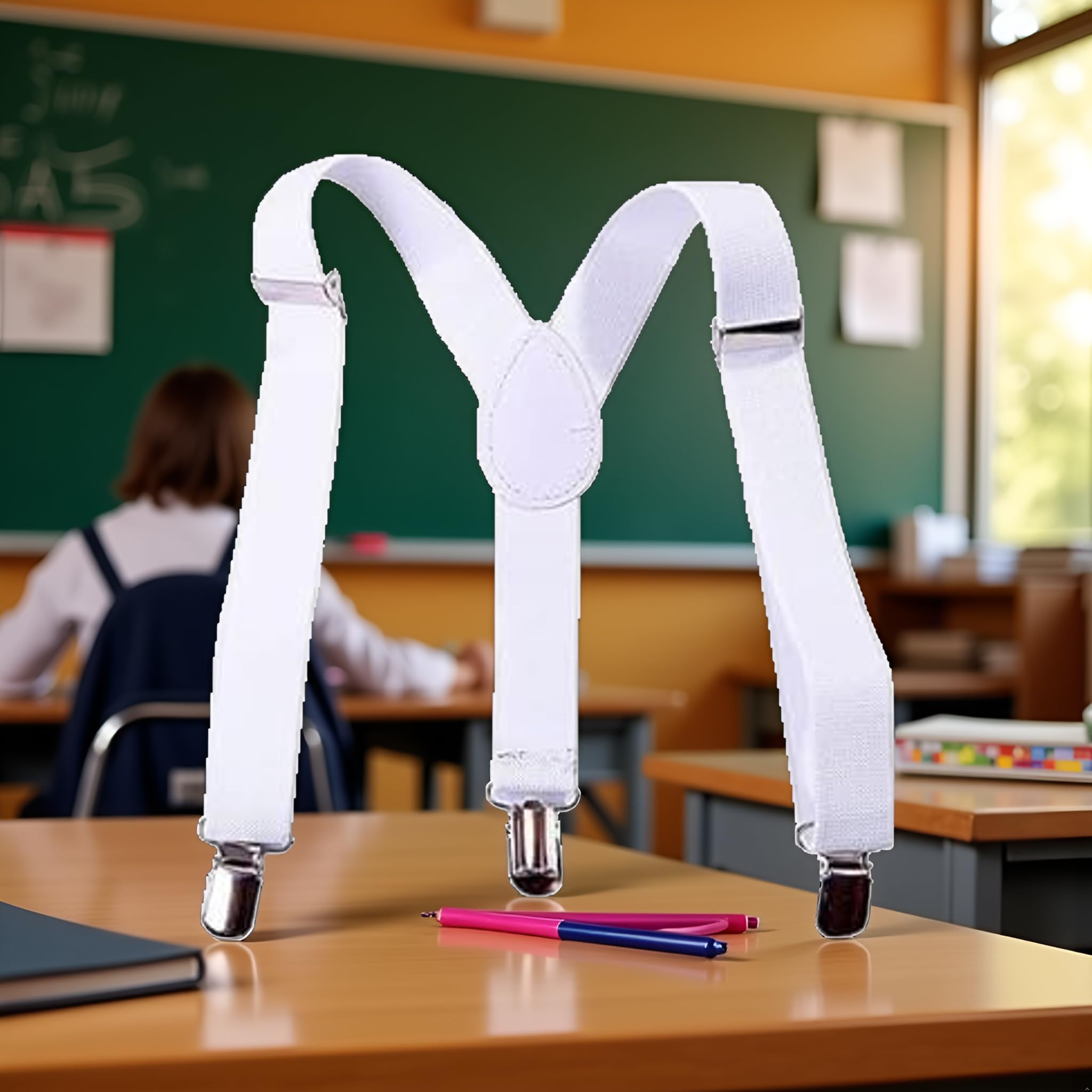 Tirantes elásticos ajustables blancos con clip trasero en Y y clips de metal para niños