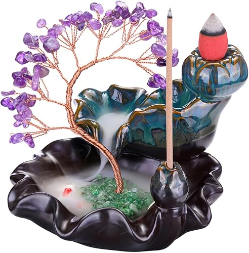 Top Plaza Quemador de incienso de reflujo, quemador de incienso de cascada de cerámica, soporte de incienso de árbol de dinero con piedras preciosas