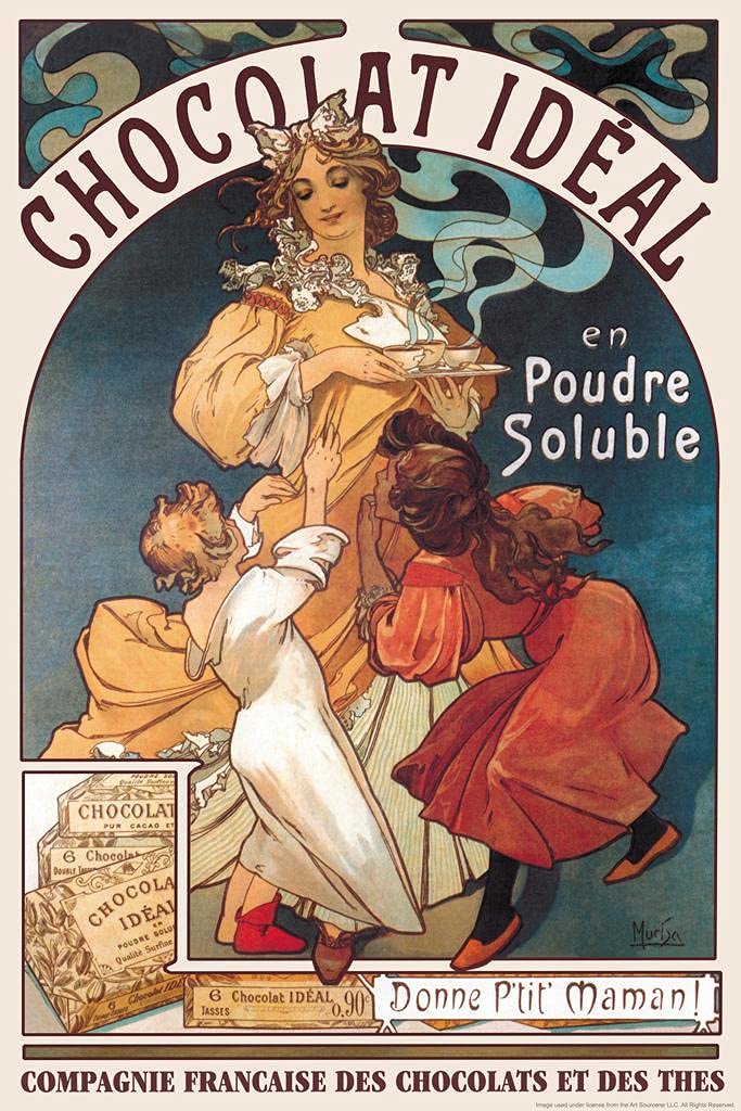 Chocolat Ideal Alphonse Mucha Chocolate French Painting Art Print Art Nouveau French France Vintage Ad Advertisement Cool Wall Art Print Poster 24x36