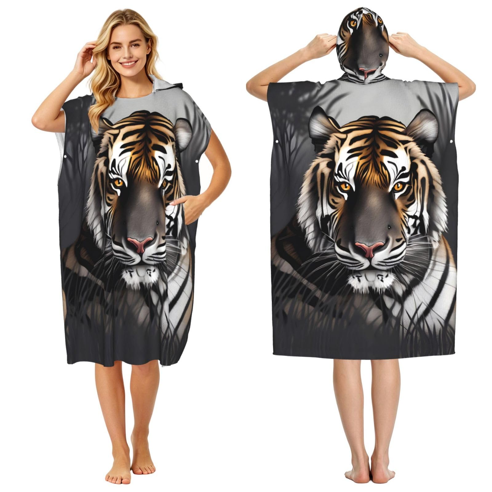 Zaixiansj 110cm Tiger at rest Print Adult Changing Robe Hooded Towel Poncho Surf Swim Beach Cover Up with Pockets