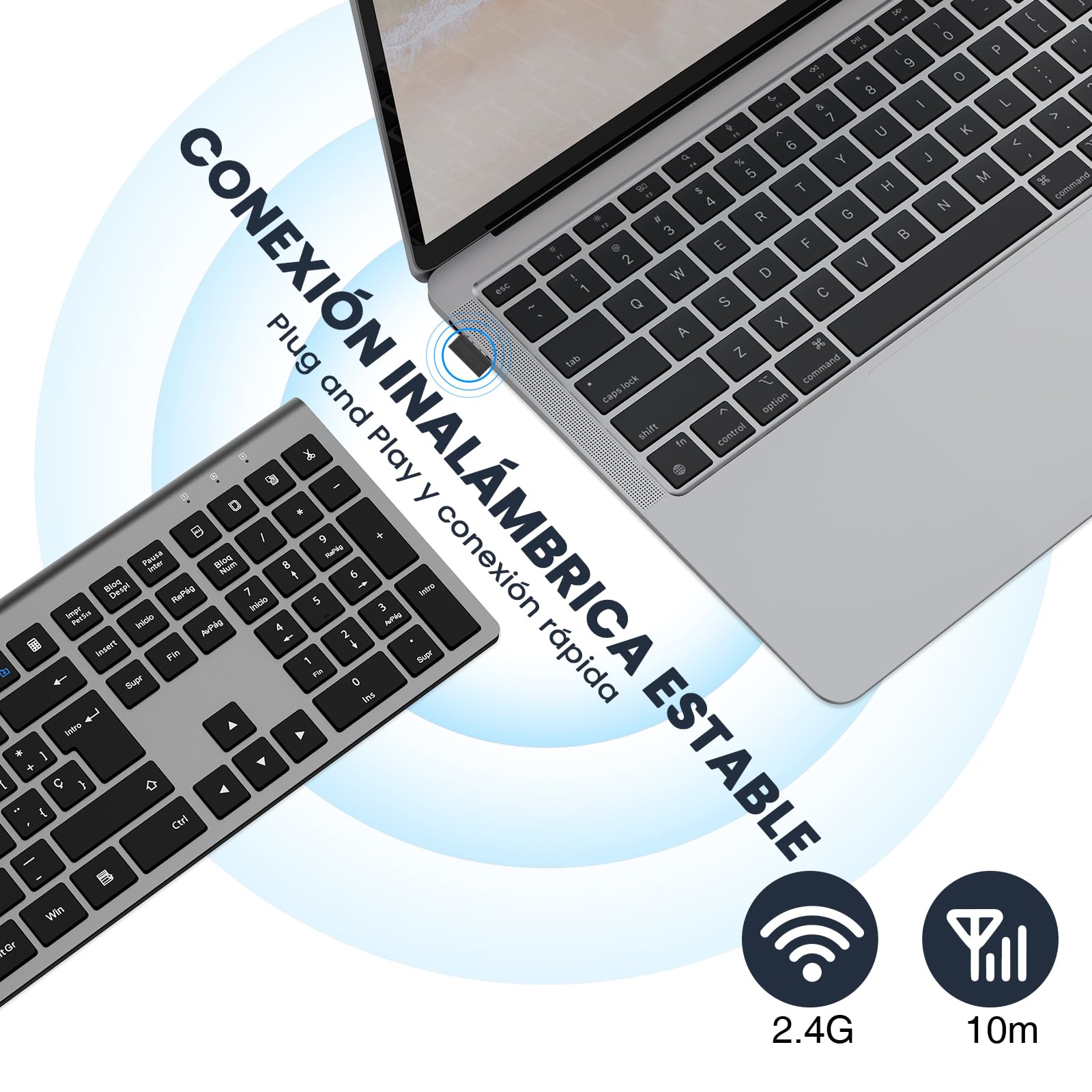 cimetech Teclado Inalámbrico Recargable, QWERTY Español Layout, 2.4G EasyTyping Teclado de diseño ergonómico, Ultrafino para Ordenador/PC/portátil/Windows 10/8/7(Gris)