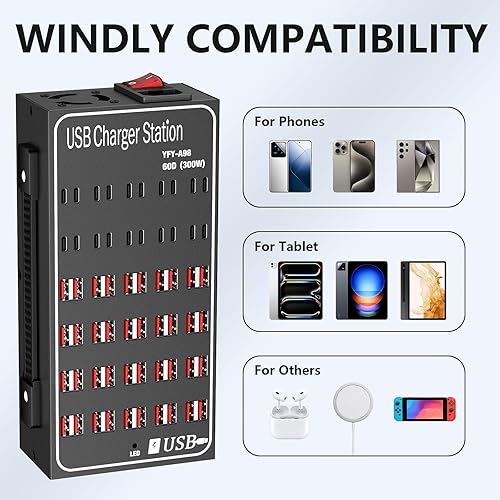 Miniatura 4 de Estación de carga USB múltiple, 60 puertos de 300 vatios (60 A), bloque de carga USB  C con interruptor de alimentación, estación de carga de