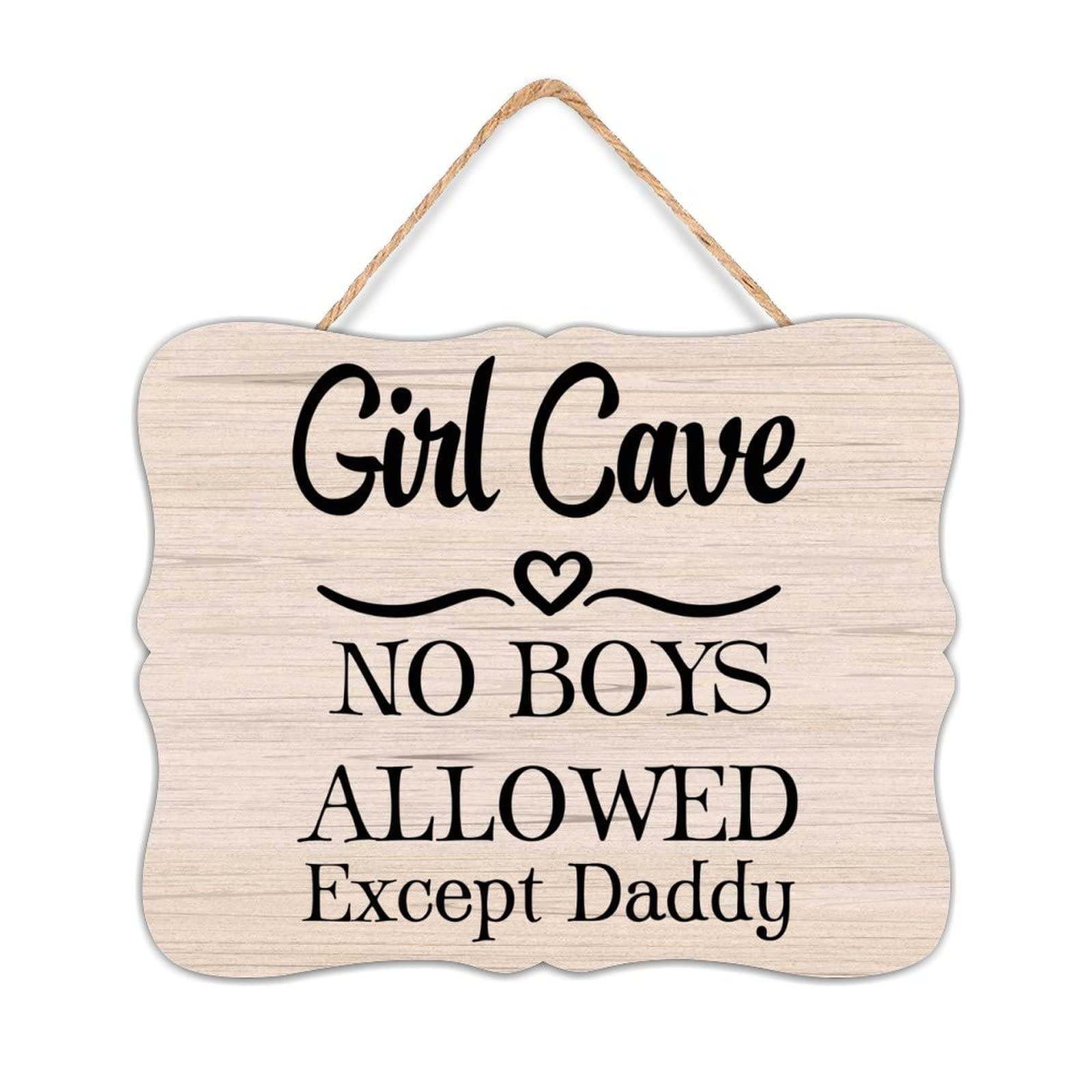 Nabrand Girls Inspiration Positive Quotes Cave No Boys Allowed Except Daddy Rustic Hanging Mini Wood Plaque For Nursery Decor Bedroom Laundry Room Bathroom Wall Art 8X10in/30X30cm