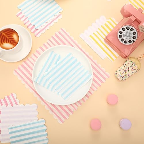 Miniatura 5 de Paquete de 100 servilletas de cóctel con bordes festoneados de 2 capas, servilletas de bebidas a rayas de 5 x 5 pulgadas, servilletas desechables de