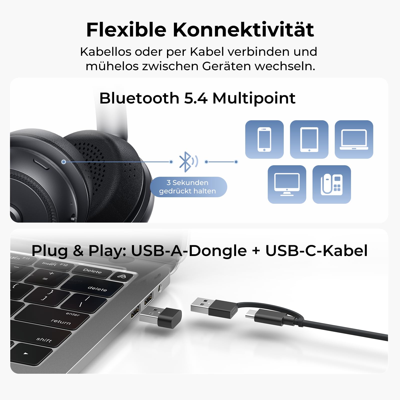 Nuroum HP31D 2026 Bluetooth Headset mit Mikrofon Wireless, KI Rauschunterdrückung für Anrufe,45 Std. Akku, Kabelloses Headset mit Ladestation&USB Dongle&Mute,Bluetooth Headset für PC/Laptop/Büro/Teams