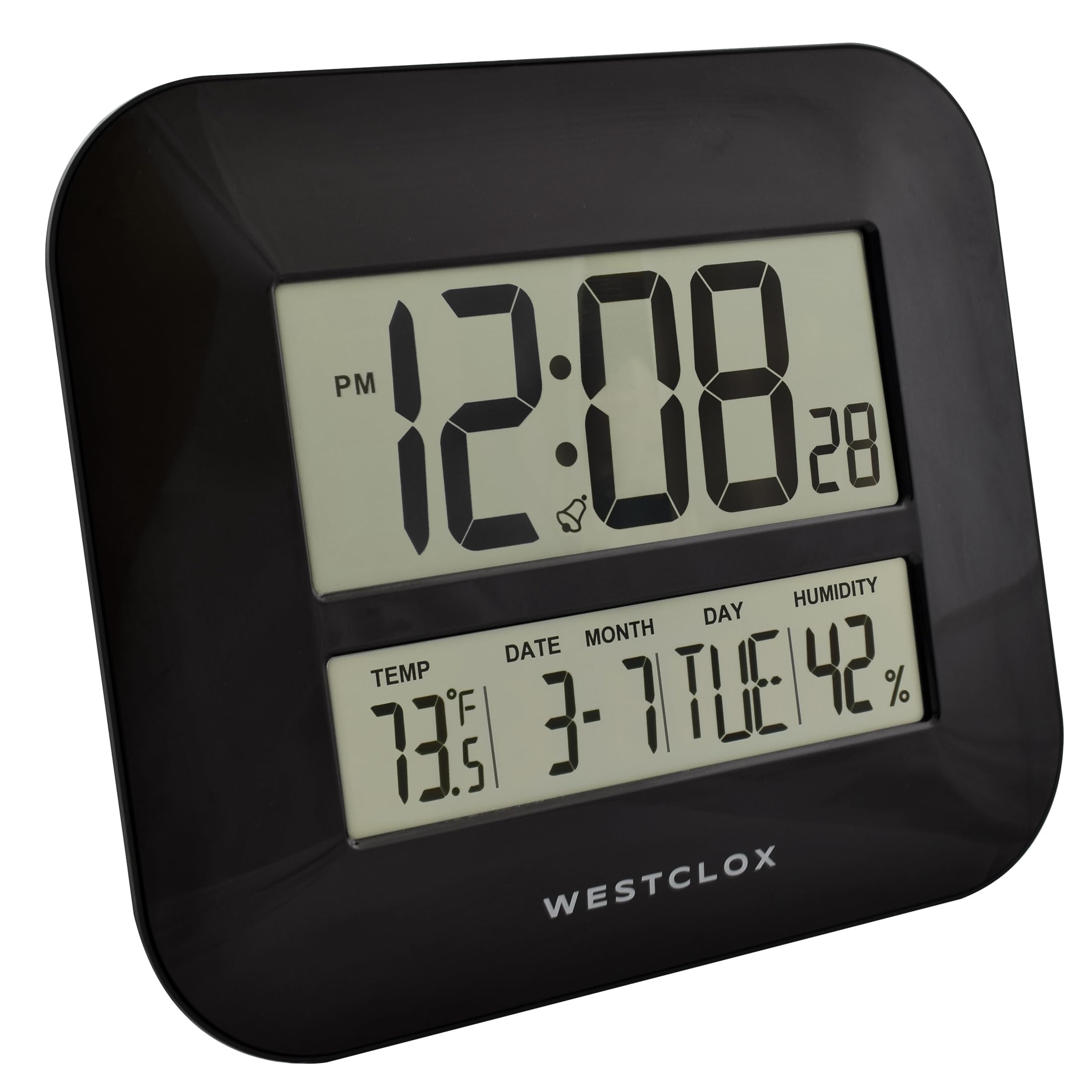 Westclox Reloj de pared digital grande negro con indicador de fecha y temperatura