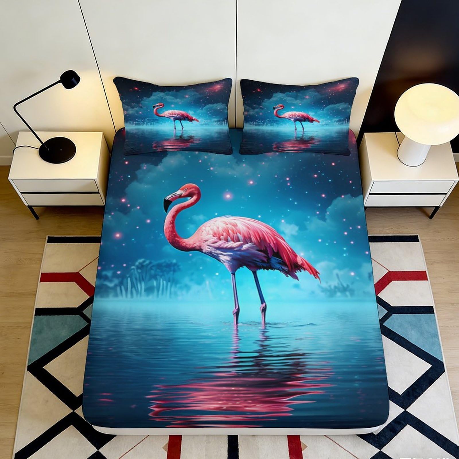 3D Printed Flamingo Lake Fitted Sheet Microfiber Soft Anti-Slip Bed Sheet Bedroom Decor Easy Care for Home Dorm 90x200x25cm