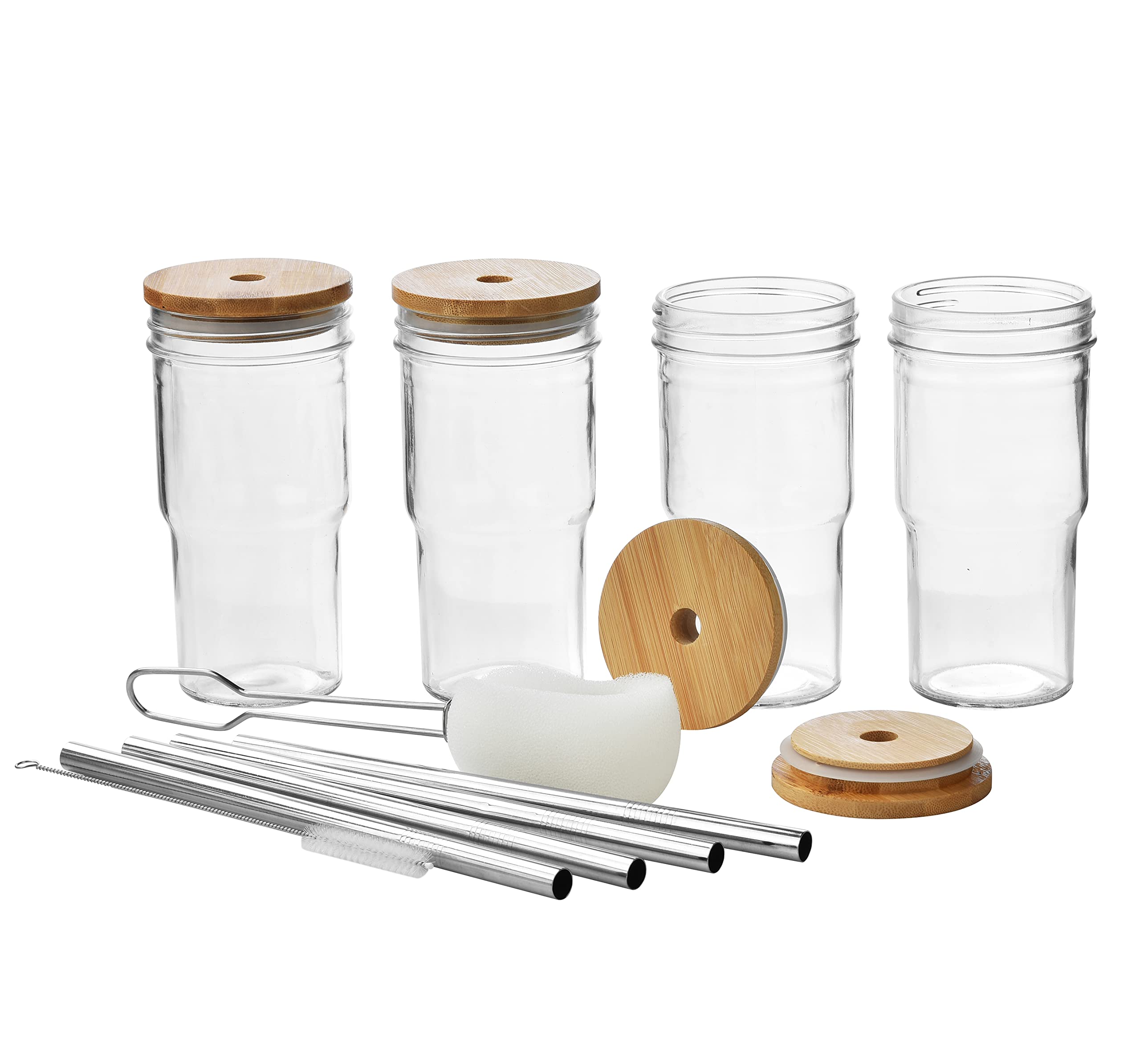 ALINK Lot de 4 tasses à thé à bulles réutilisables, à large ouverture de 650 ml, tasse à café glacé, smoothie, gobelet avec couvercle et paille, gobelet Mason Jar