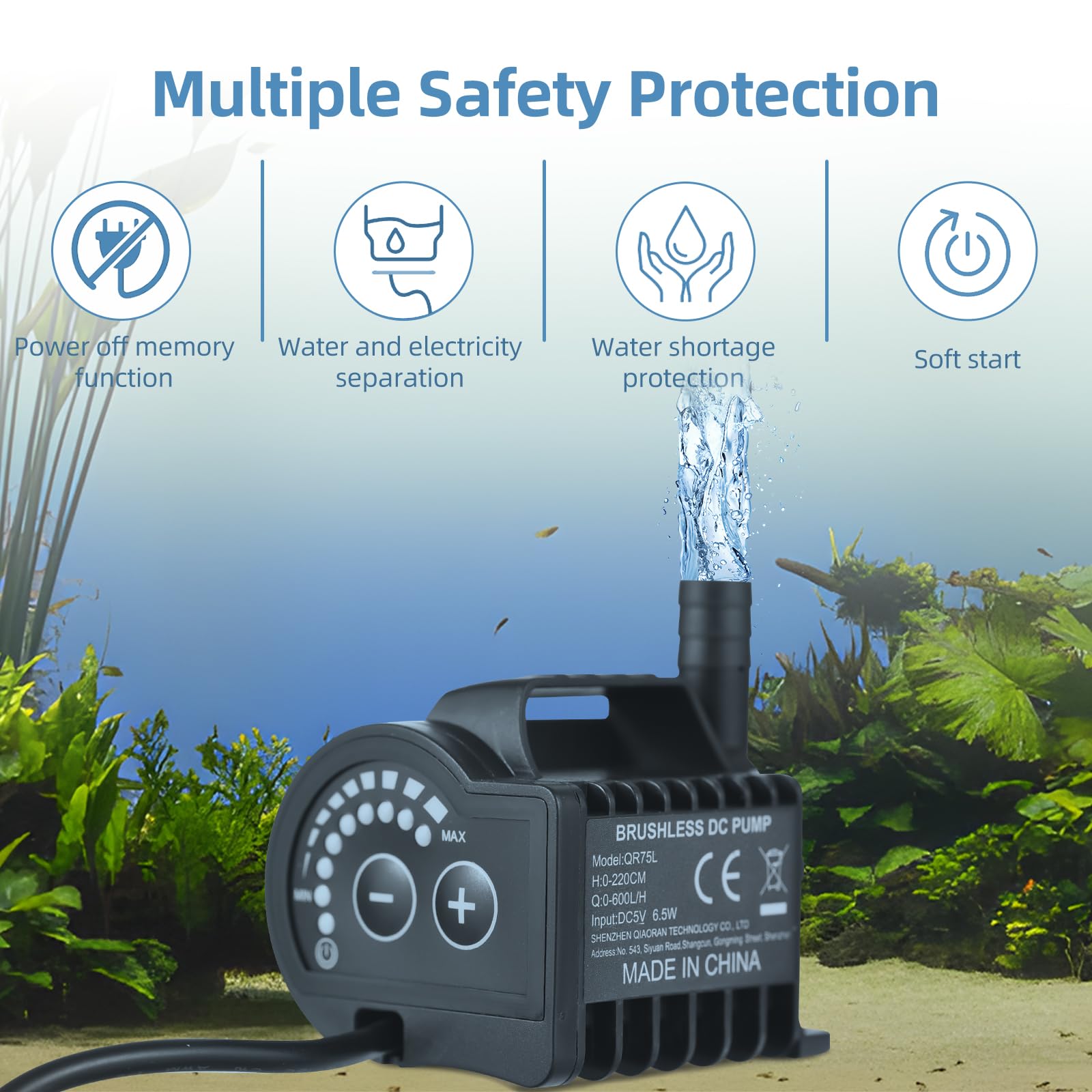 ACAGALA Submersible 5V Water Pump 8 Levels Adjustable 0-400L/H Small Fountain Pump with 0-9.8ft Lift, 6.5ft USB Charging and Suction Cup Base, Portable Mini Pump for Fish Tank, Pond, Aquarium