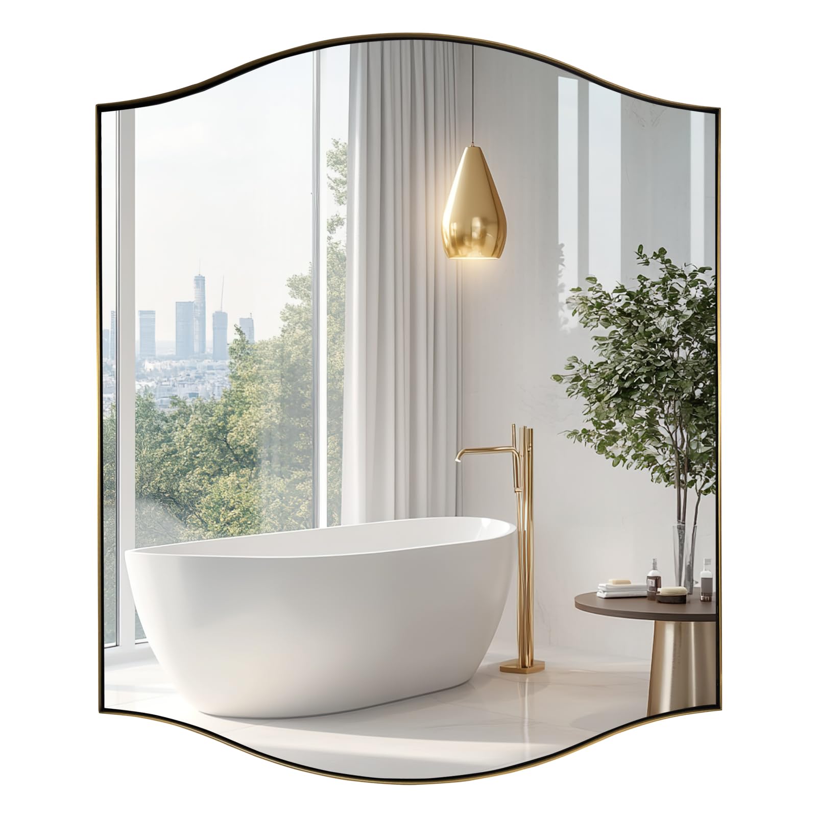 ANDY STAR Rectangle Scalloped Mirror, 30"x36" Brushed Gold Bathroom Mirror in SUS304 Stainless Steel Metal Frame, Brass Vanity Mirror with Unique Arched Top Design