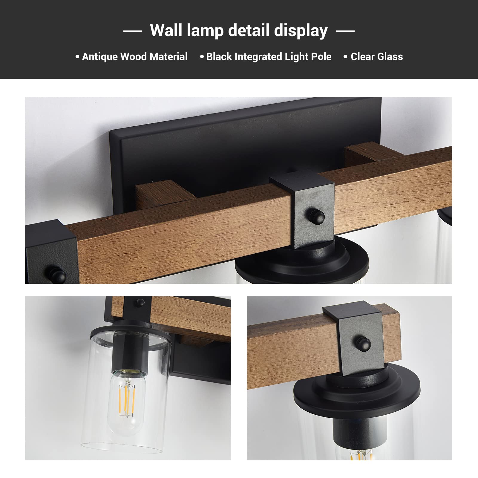 Farmhouse Bathroom Vanity Light, 3 Light Rustic Bathroom Light Fixture, Wood Bathroom Lights Over Mirror with Clear Glass Shade, Farmhouse Vanity Wall Lights for Bathroom, Living Room, Hallway