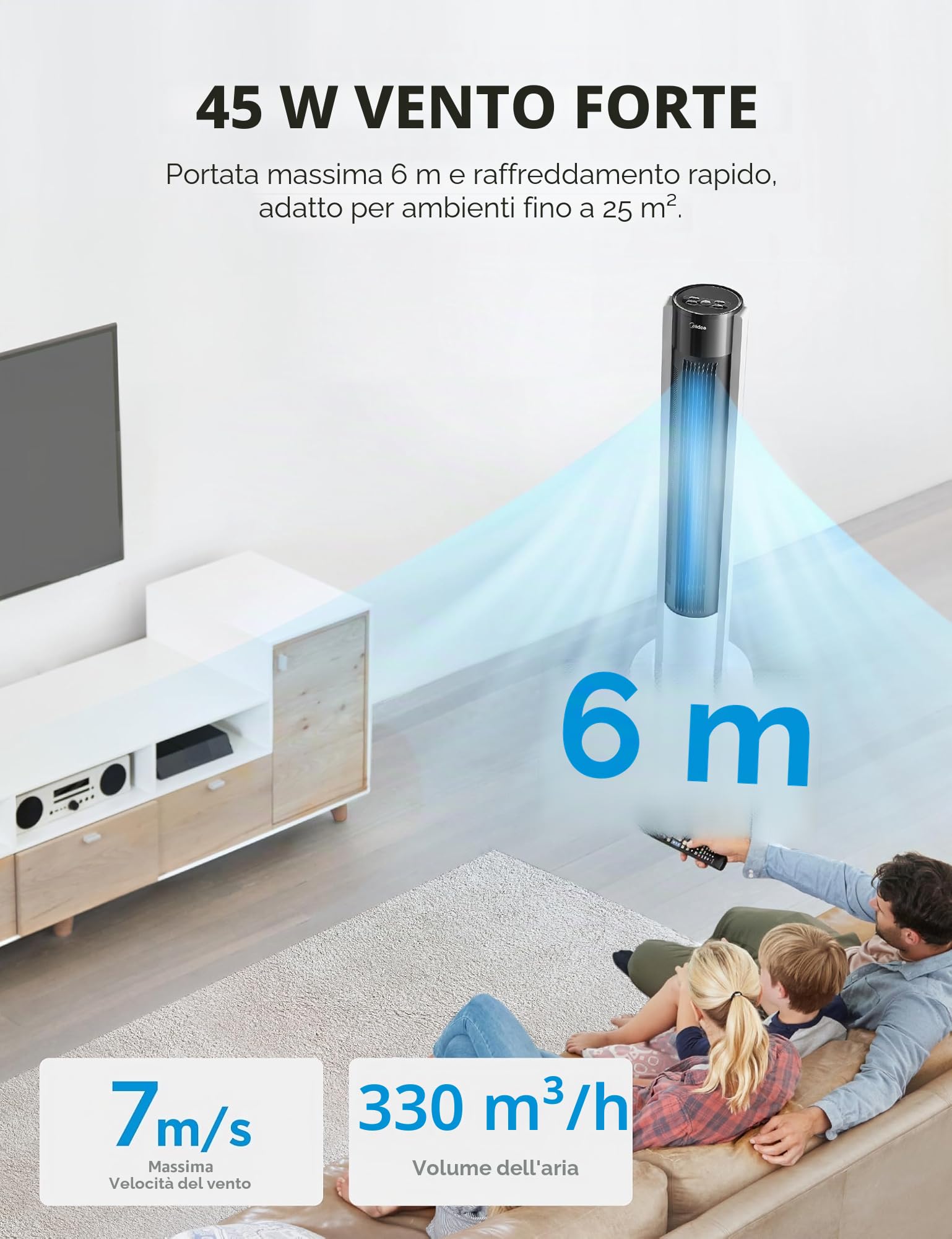 Midea Ventilatore a torre FZ10-19BRA con motore in rame robusto, flusso d'aria verso l'interno, telecomando, timer 7 ore, display touch e pannello di controllo, tre modalità e tre velocità tra cui