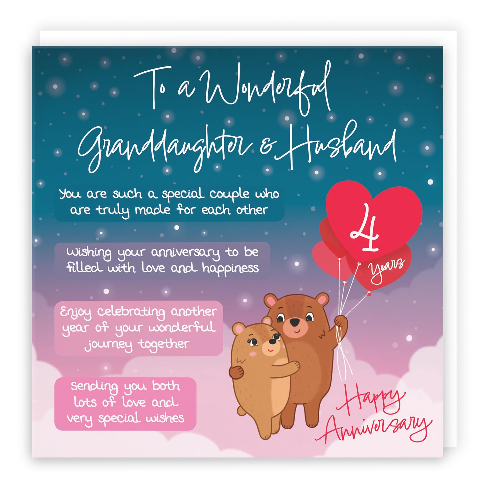 Hunts England, Granddaughter And Husband 4th Anniversary Card, Starry Night, Cute Bears