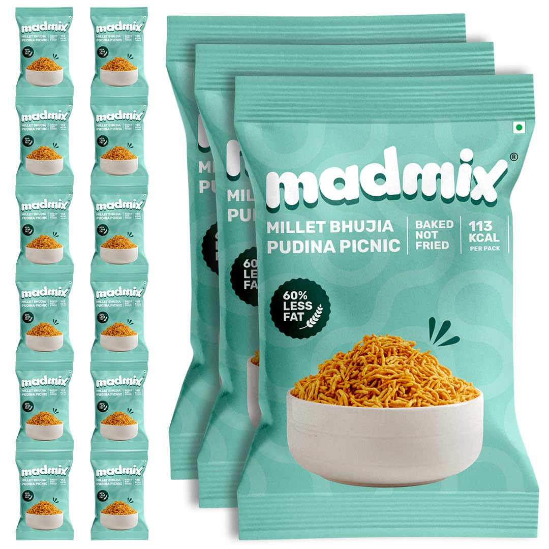 - Madmix Millet Bhujia- Pudina Picnic | 100% Baked Bhujia | High Protein Vegan Snack | No Preservatives, Palm oil, Trans Fat | Healthy Snacks for Kids School Tiffin | Diabetic Snacks | Pack of 15 (27g X 15)
