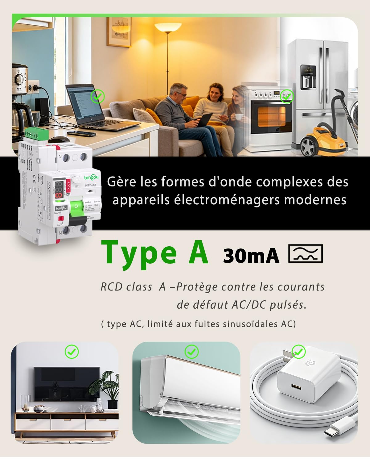 TONGOU Disjoncteur Différentiel a Réarmement Automatique 30mA Type A, 2 Pôles 40A Interrupteur Différentiel