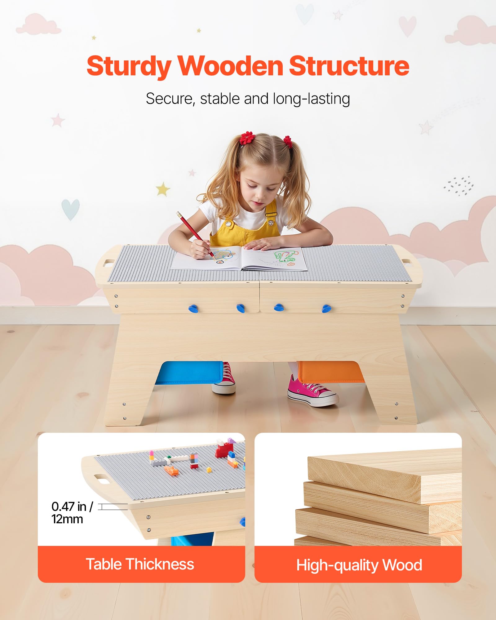 VEVOR Kindertisch 905 x 497 x 393 mm, Aktivitätstisch aus Holz, Mehrzweck-Spieltisch mit 200 Bausteinen und 3 Aufbewahrungsbehältern, Bausteintisch, Geschenk für Kinder ab 3 Jahren, Holzfarbe