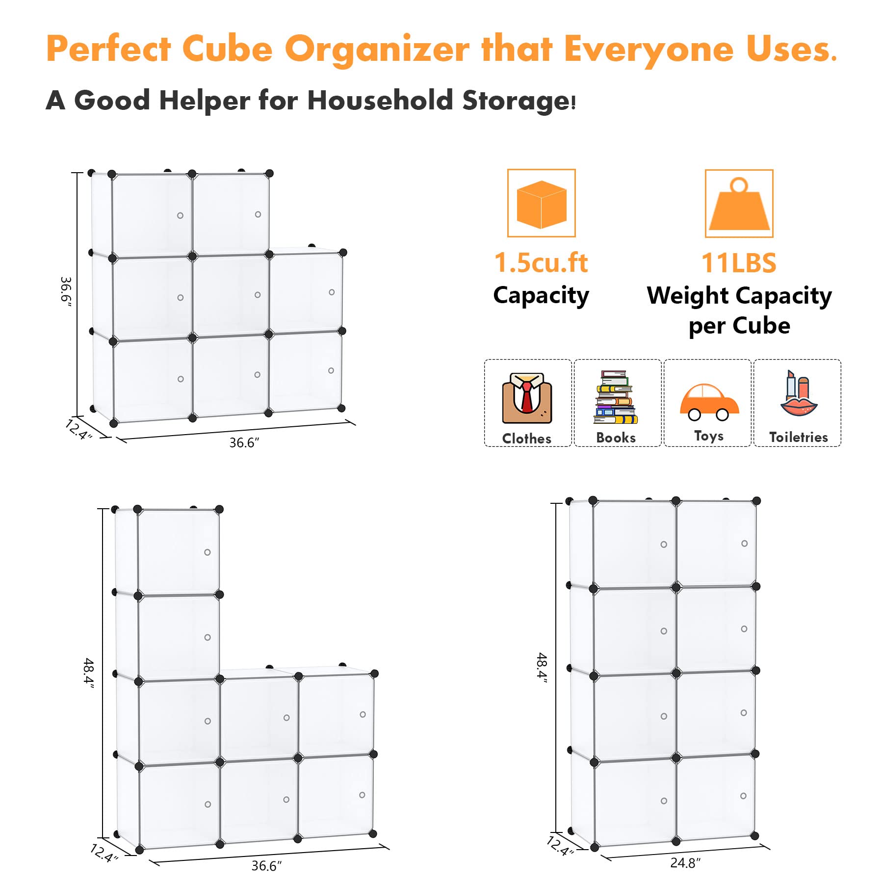 C&AHOME Organizador de almacenamiento en forma de cubo con puertas, estante de 8 cubos, armario de armario, estantería modular de plástico, estantes de almacenamiento, ideal para dormitorio, sala de