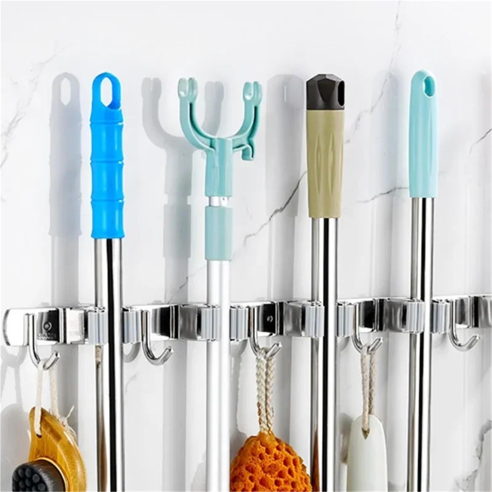 Porta Scope Parete Porta mocio Appendiabiti Mensola Gancio portaoggetti in acciaio inox Cucina Bagno Organizzazione Accessori per cucina(3 Mop 4 hook)