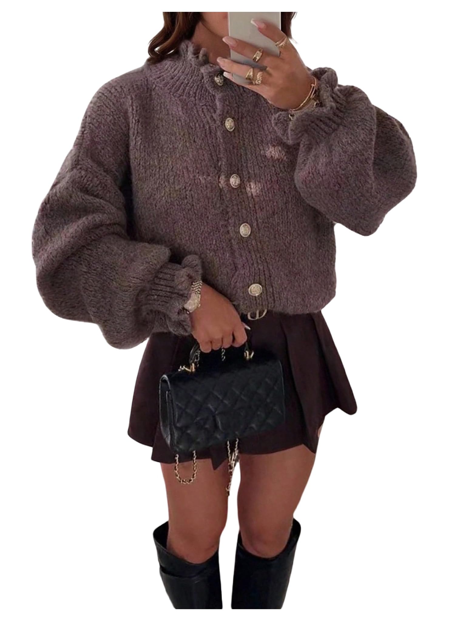 GORGLITTER Womens Ruffle Sweater Button Down Long Sleeve Cardigan Chunky Knit Fall Trendy Coat Winter Clothes