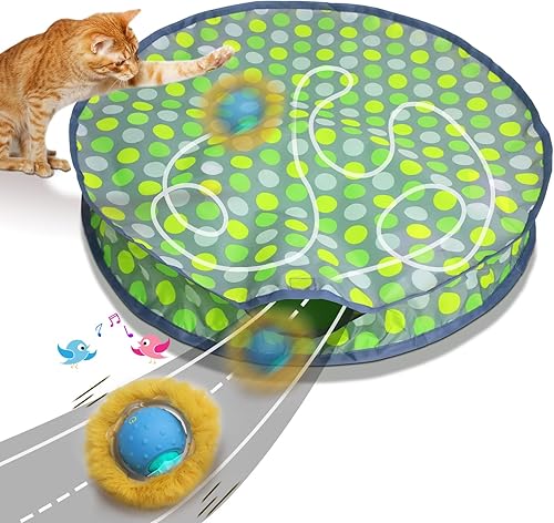 Interactive Cat Toys Ball Fast Rolling in Pouch, Motion Activate Chirping Cat Toy Hide and Seek Mouse Catching Game (Green Polka dot)