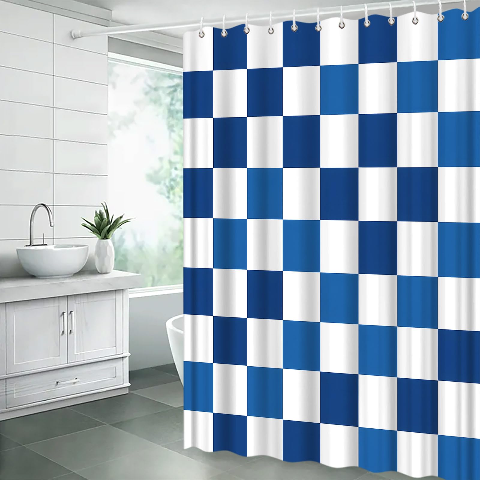 YNFUQANLN Blue and White Checkered Shower Curtain Grid Pattern Line Simple Minimalist Modern Aesthetic 70" Wx70 H Fabric Bathroom Decor Curtain with