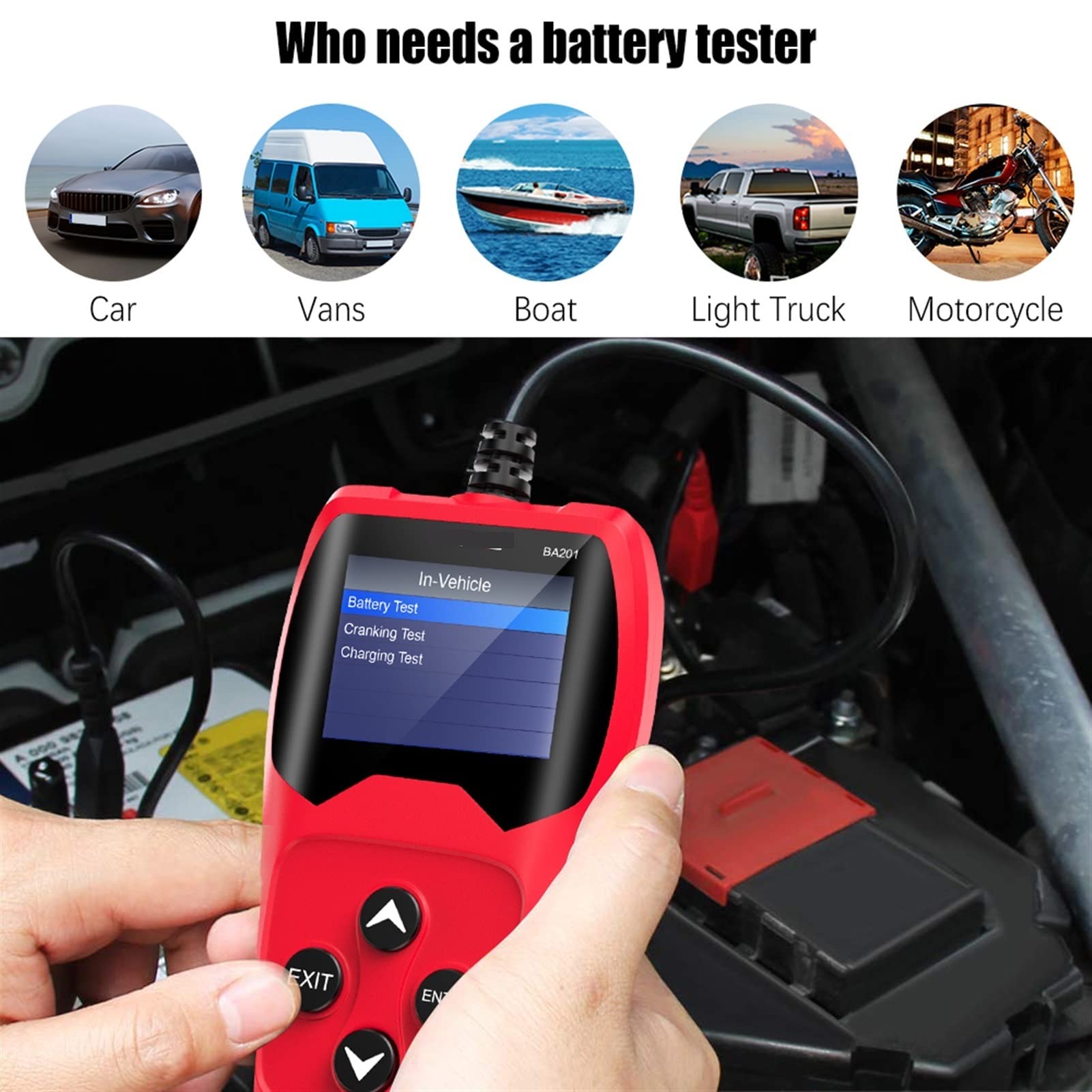 Tester Batteria, BA201. Tester della batteria for 1 2V 2000 cca. Carica tester Automotive Tensione di caricamento del tester del tester e strumento di ricarica Strumento del(A)