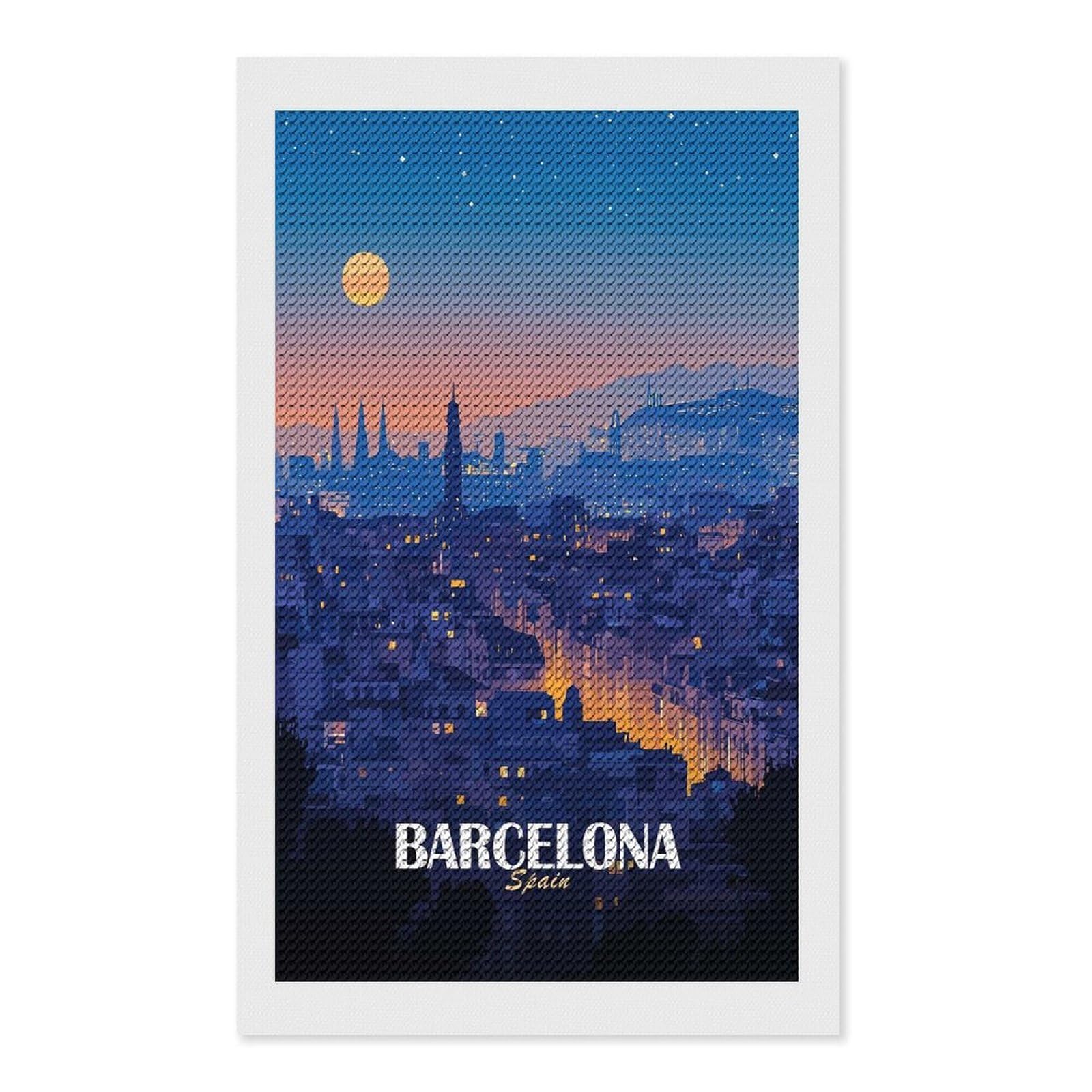 Junmoney Barcelona, Spain at Night Diamond Painting Canvas Kit 12"x20", for Teens, Vintage Style Decor, Modern Decor, Home Wall Art, Festive Craft Gift