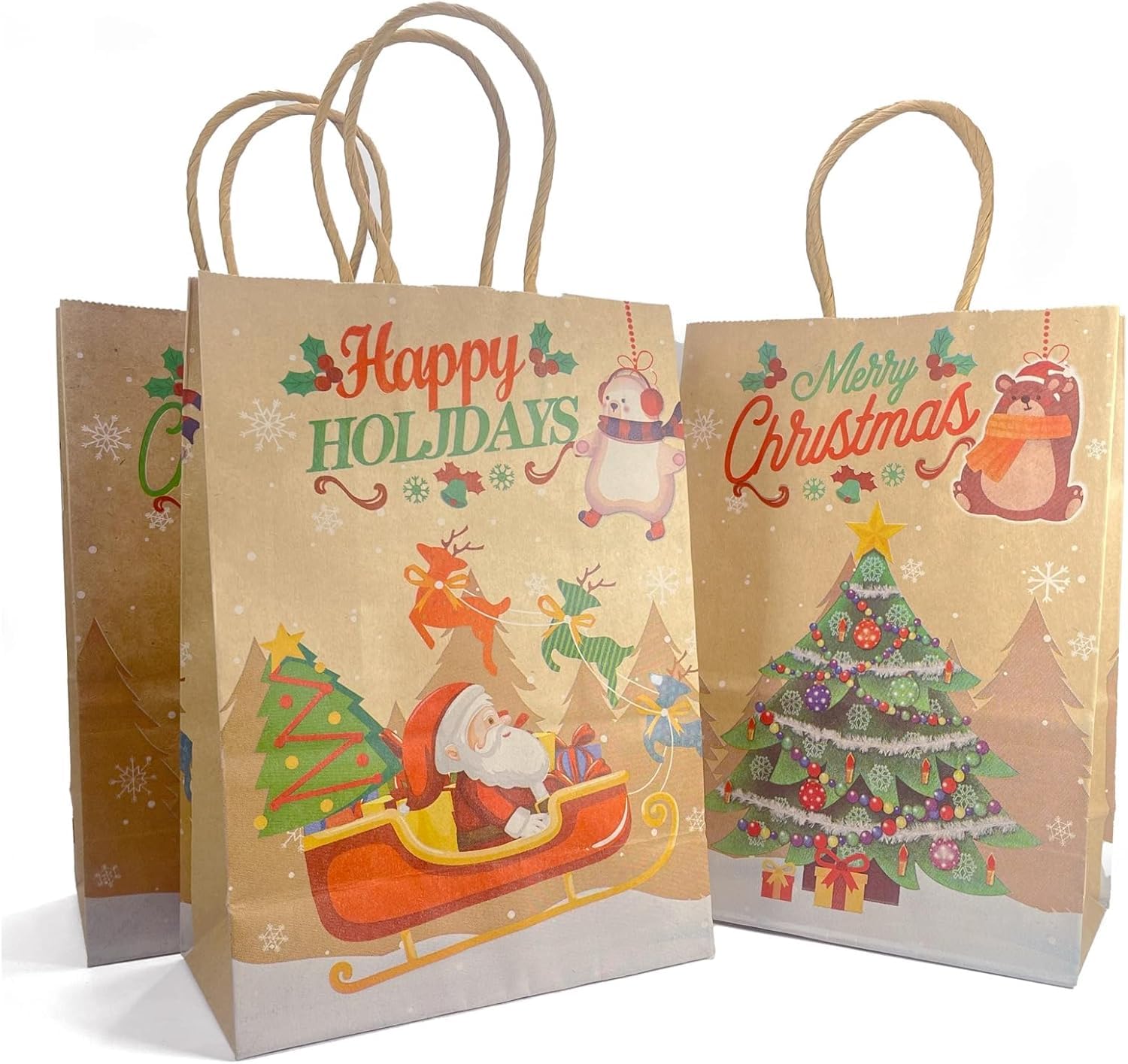 LCAIKN 12 Pezzi Sacchetti Regalo Natale, Grandi/Piccoli Buste Regalo Natale Varie Misure, Sacchetto Natalizi Kraft Carta, Pacchetti Regalo Natale con Manici, Borse Regalo Natalizie Bambini