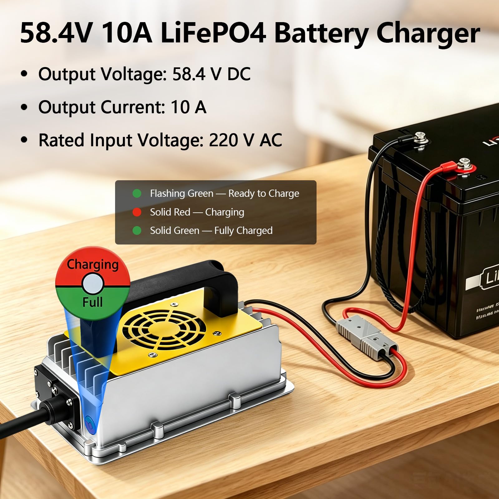 Cargador LiFePO4 58,4V 10A, Cargador Inteligente automático para baterías de Litio Hierro fosfato 48V (51,2V), Cargador rápido LiFePO4 con protección de Seguridad