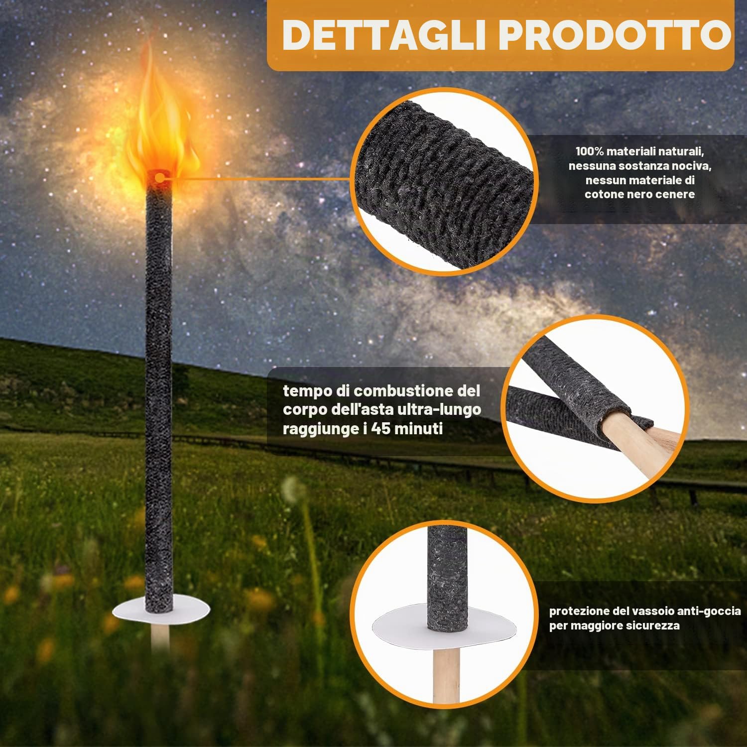 Fiaccole di cera, Torce di Cera per esterni in cera naturale, Fiaccole per bambini 45 min con manico lungo, Fiaccola da giardino per esterni, 25 pezzi