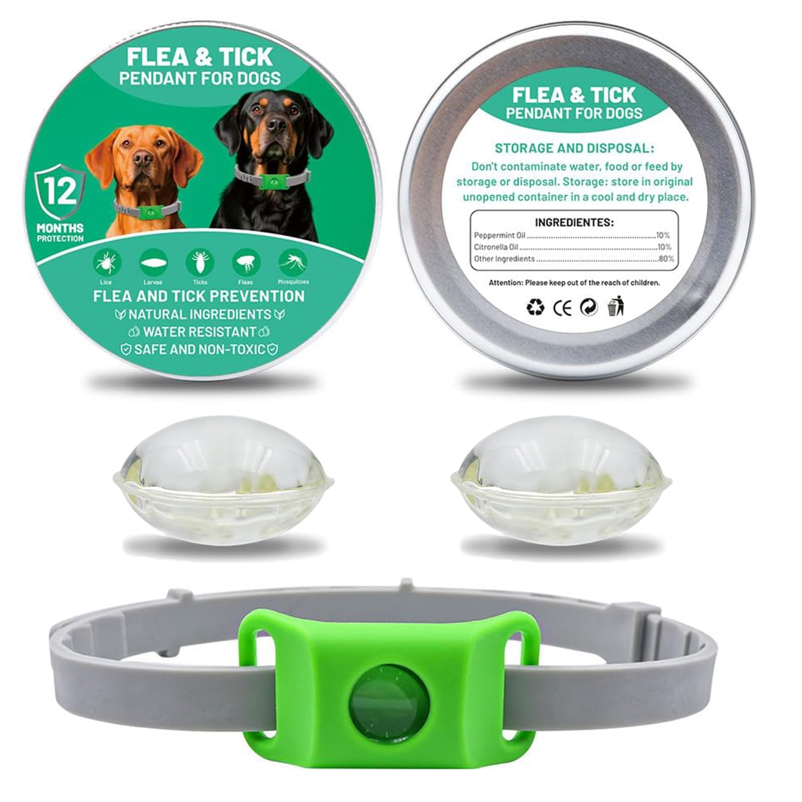 Aquality Pets Collier Antiparasitaire, Collier Anti Puces pour Chien, Réglable Naturel Pendentif Répulsif aux Huiles Essentielles avec 2 Capsules Remplaçables (Vert) - 1